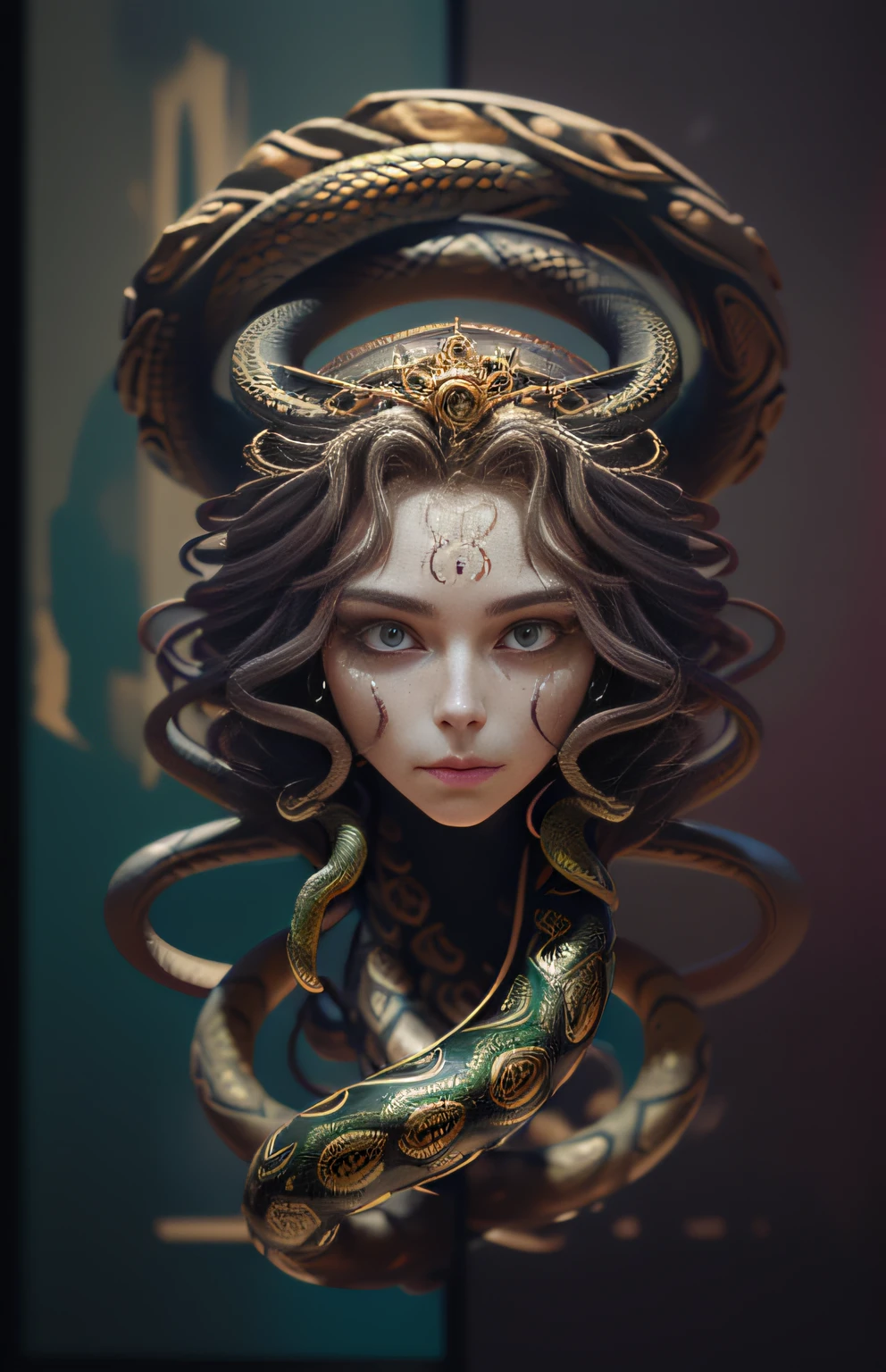 ((best quality)), ((masterpiece)), ((realistic)), Medusa, full body, side face, hair is composed of countless small snakes, green eyes, female face, metal carved top, king momentum, trends on artstation, sharp focus, studio photos, intricate details, very detailed, detailed eyes, illustration, very detailed, clear focus, digital rendering, professional, 4k