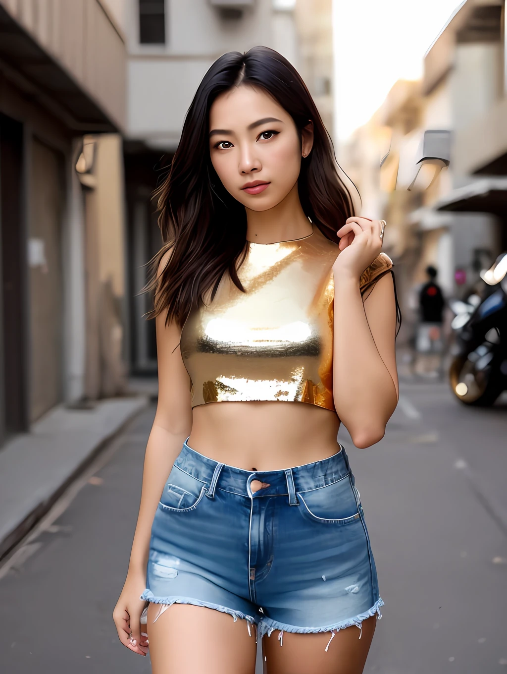 photo of a stunning beautiful Japanese and Brazilian woman ethnicity, honey eyes, long messy windy light brown hair, flipping hair, closeup zoomed in tight crop portrait, walking down a (big city alley people cars scene:1.2) wearing a (crop top and jeans shorts:1.3) (shopping bags on her hand:1.3) (Lighting-Gold:1.2) foreground objects background details (masterpiece:1.2) (photorealistic:1.2) (bokeh:1.2) (best quality) (color grading) (detailed skin:1.3) (intricate) (8k) (HDR) (cinematic lighting:1.3) (sharp focus), messy windy hair