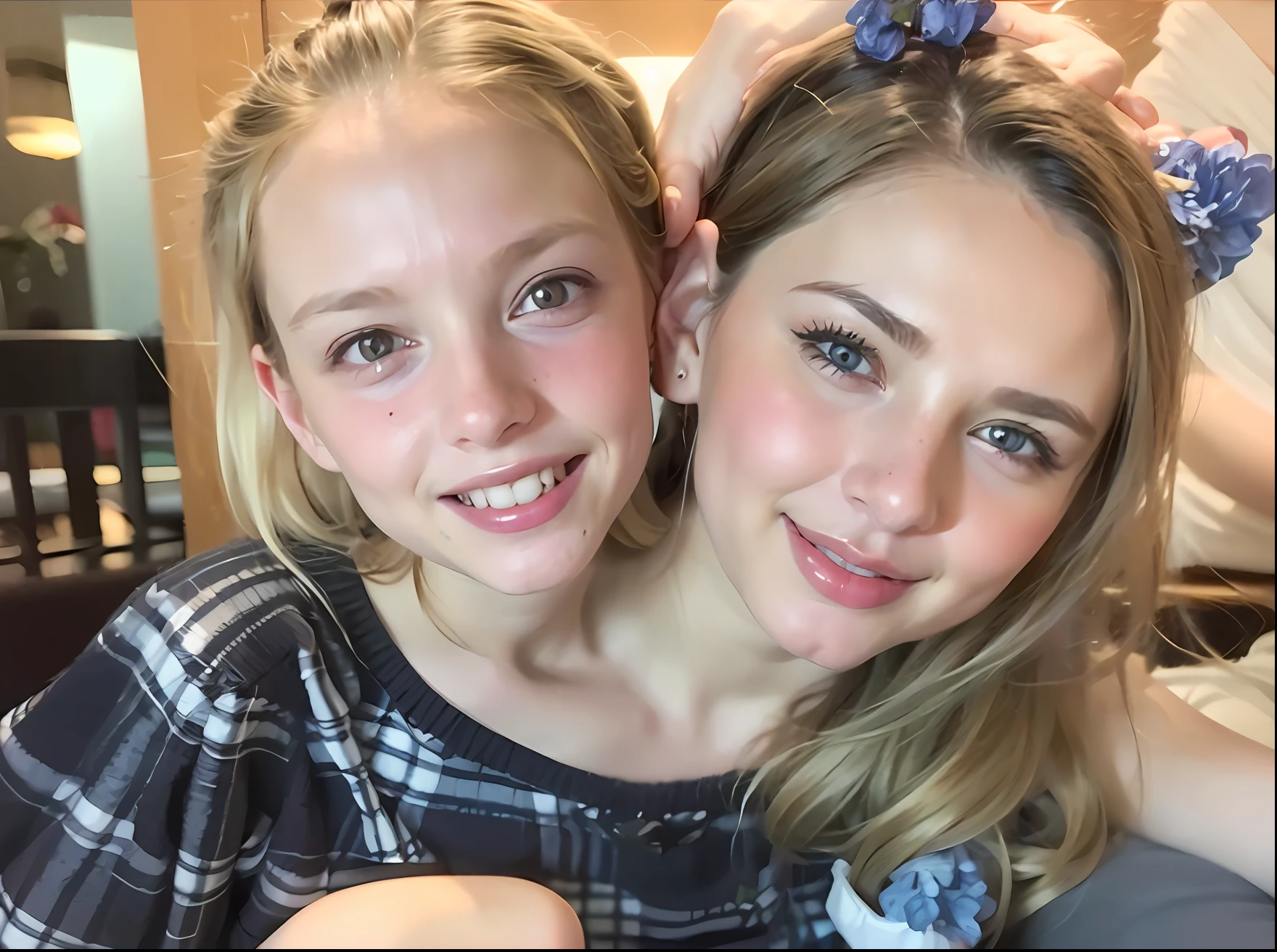 2heads, mom and daughter, (1head:1.5 child), (1head:1.5 young adult) (one torso:1.5), Irish, white girls, age difference, (two heads on one body:1.4), (first head uncomfortable:1.5), (second head unhappy:1.5) conjoined twins, heads side by side, one torso, young, realistic faces, lifelike faces, uncomfortable, barefoot