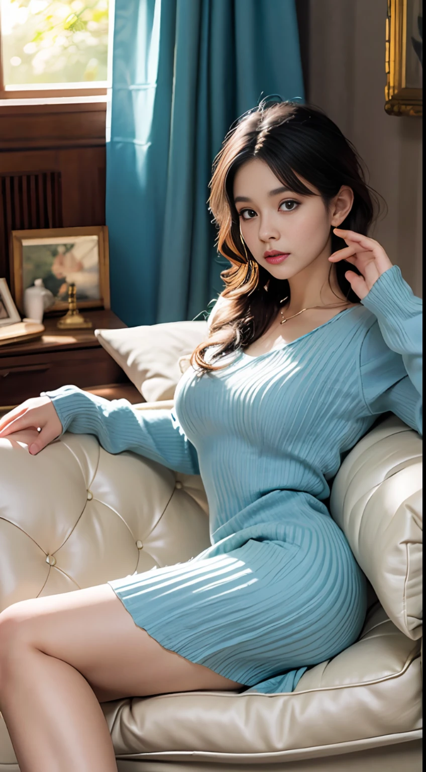 Soft Light, 1 Girl, Blue Knit Dress, Ultimate Beautiful Facial Features, Facial Focus, Eyelashes, Blush, Sunlight Shining Through Window to Face, Detailed Fabrics, Lying on Sofa, Vintage TV, Ascation, Artwork, CGSTATION Trend, Art of Photography, Depth of Field, Cinematic Light, Super Detail, Dynamic Pose, Full Body Shot, Detailed Detail
