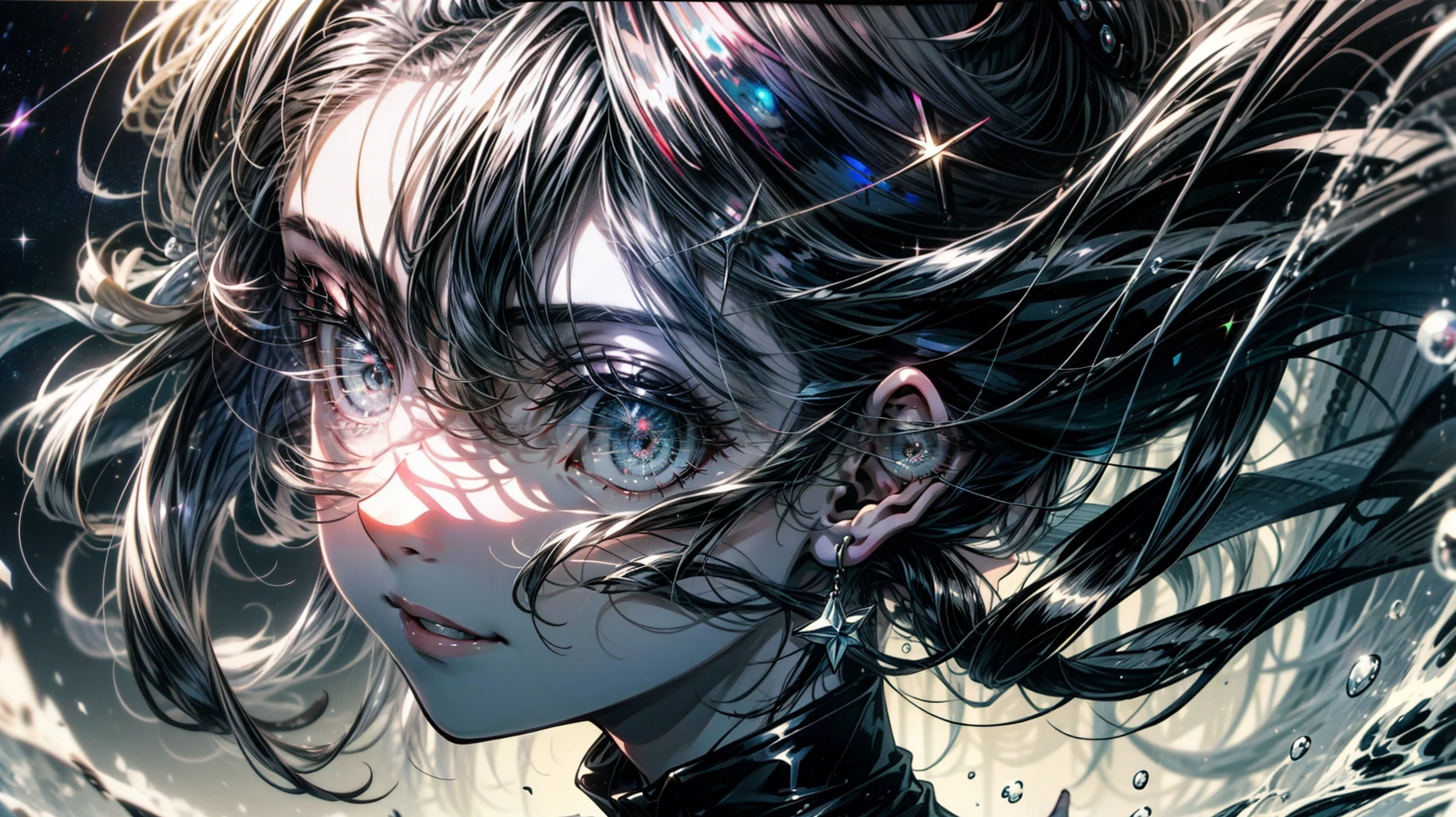 Anime style, curled up young girl, peaceful closes smile, greyscale with colored eyes, starry sky reflection on eyes, portrait shot, ilustration, fine details, beautiful face, moe,