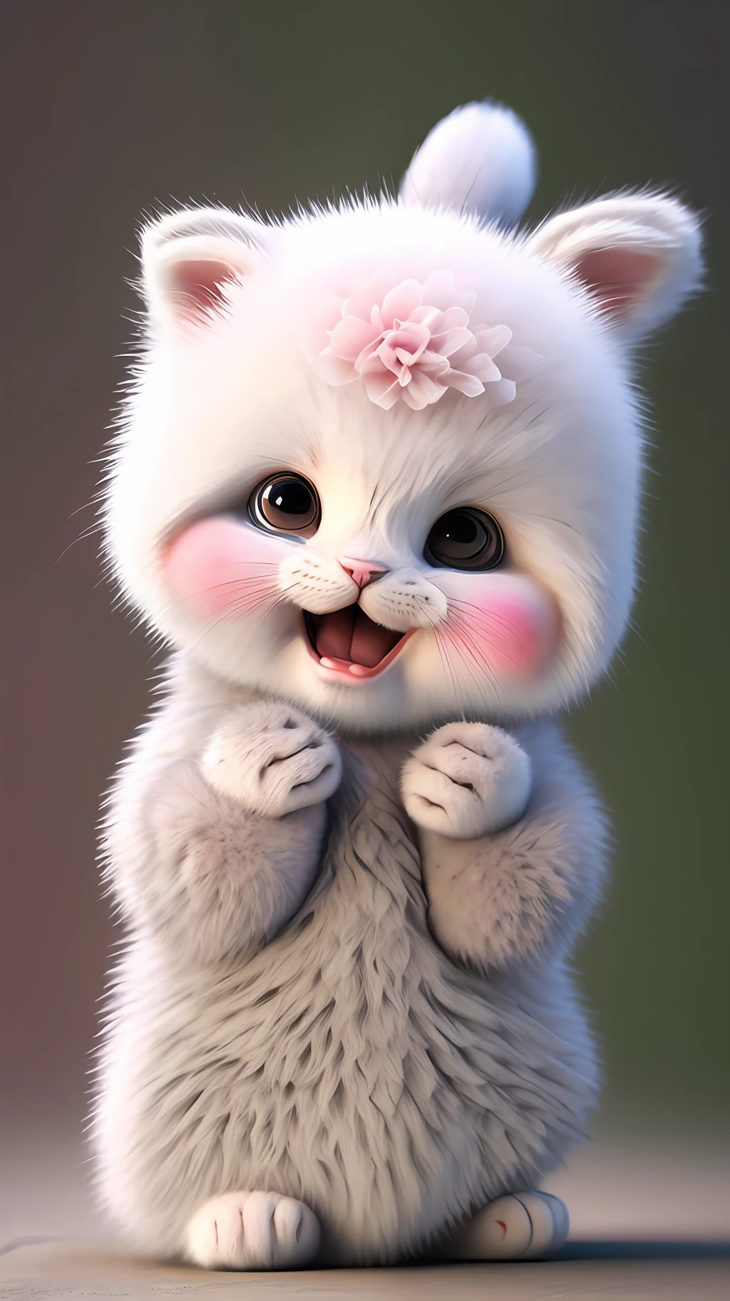 Kitten, realistic, furry animal, blush, cherry, funny, open mouth, laugh, Morandi color