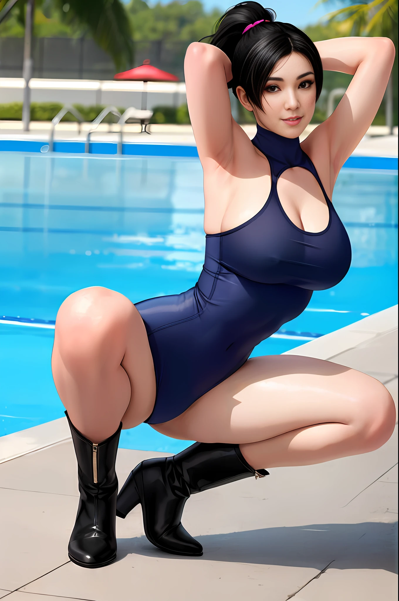 Best Quality, Best Quality, 8k Quality, 1 Girl, Full Body, Momiji, Black Hair, Ponytail, Smile, Embarrassing, Blushing, Hard Nipples: 1.4, White Enamel, Sleeveless, High Neck Competitive Swimsuit, High Leg, Crotch Tucked, White Enamel Sai High Boots Pin Heels, Squatting on the Ground, Crotch wide open from side to side, Arms behind head, Armpits showing, Staring at the viewer, Facing the front of the body to the viewer, showing the crotch to the viewer, frontal shot, poolside, professional lighting, professional photography,