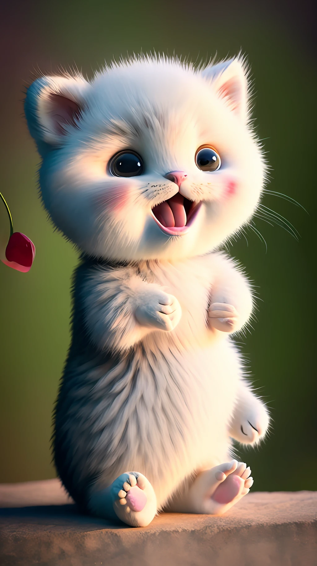 Kitten, realistic, furry animal, blush, cherry, funny, open mouth, laugh, Morandi color