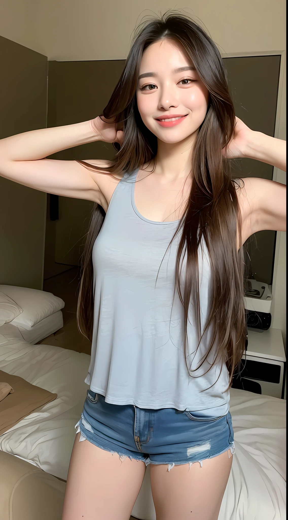 ((top quality, 8k, masterpiece: 1.3)), 1 girl, beautiful woman with plump abs: 1.3, full body, (long hair, big: 1.2), oversized tank top: 1.2, super delicate face, delicate eyes, double eyelids, smile, home, random colored clothes, bob hair