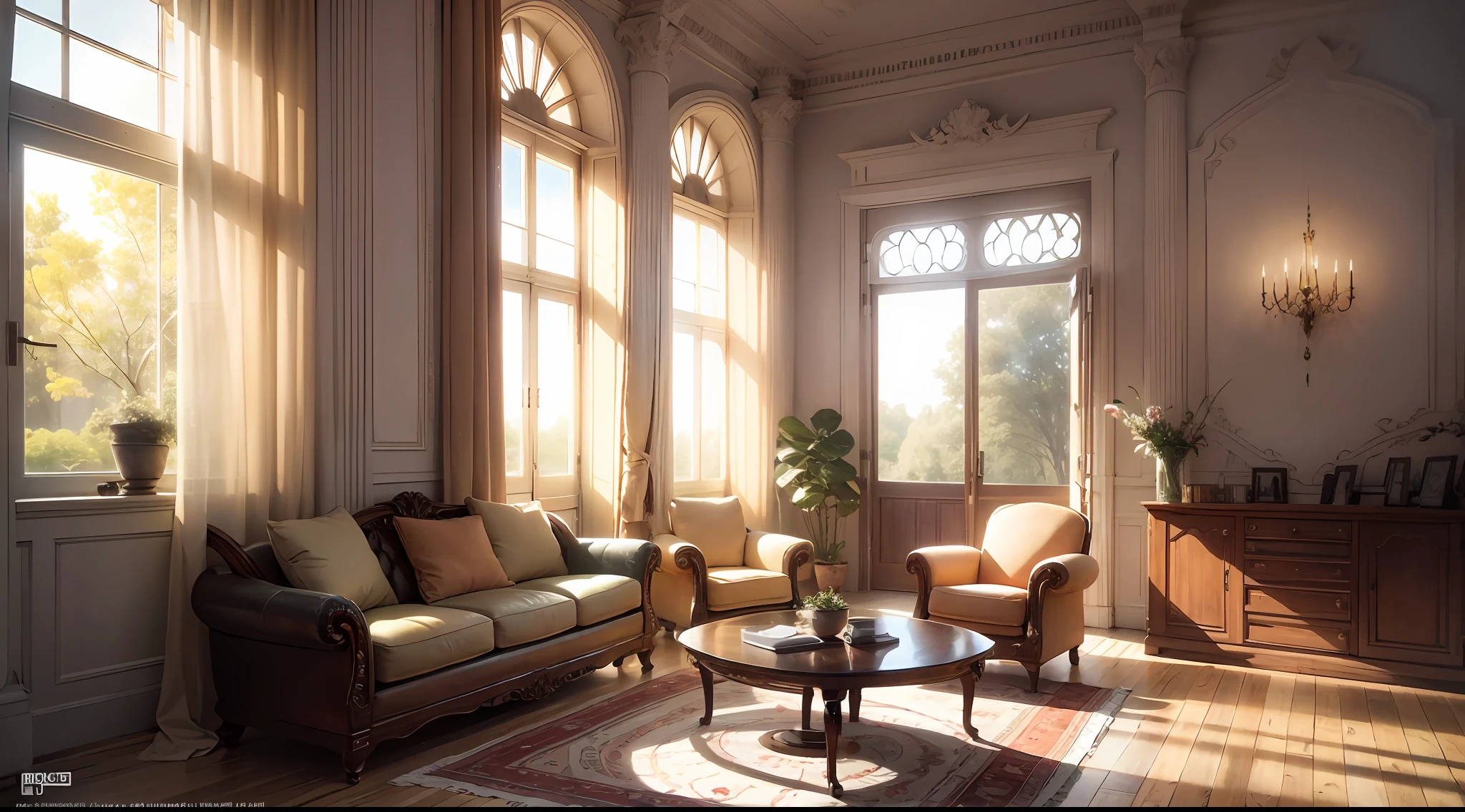 Inside the room, sunlight shines in through the windows, there is some furniture and decoration, and the overall warm and comfortable feeling
