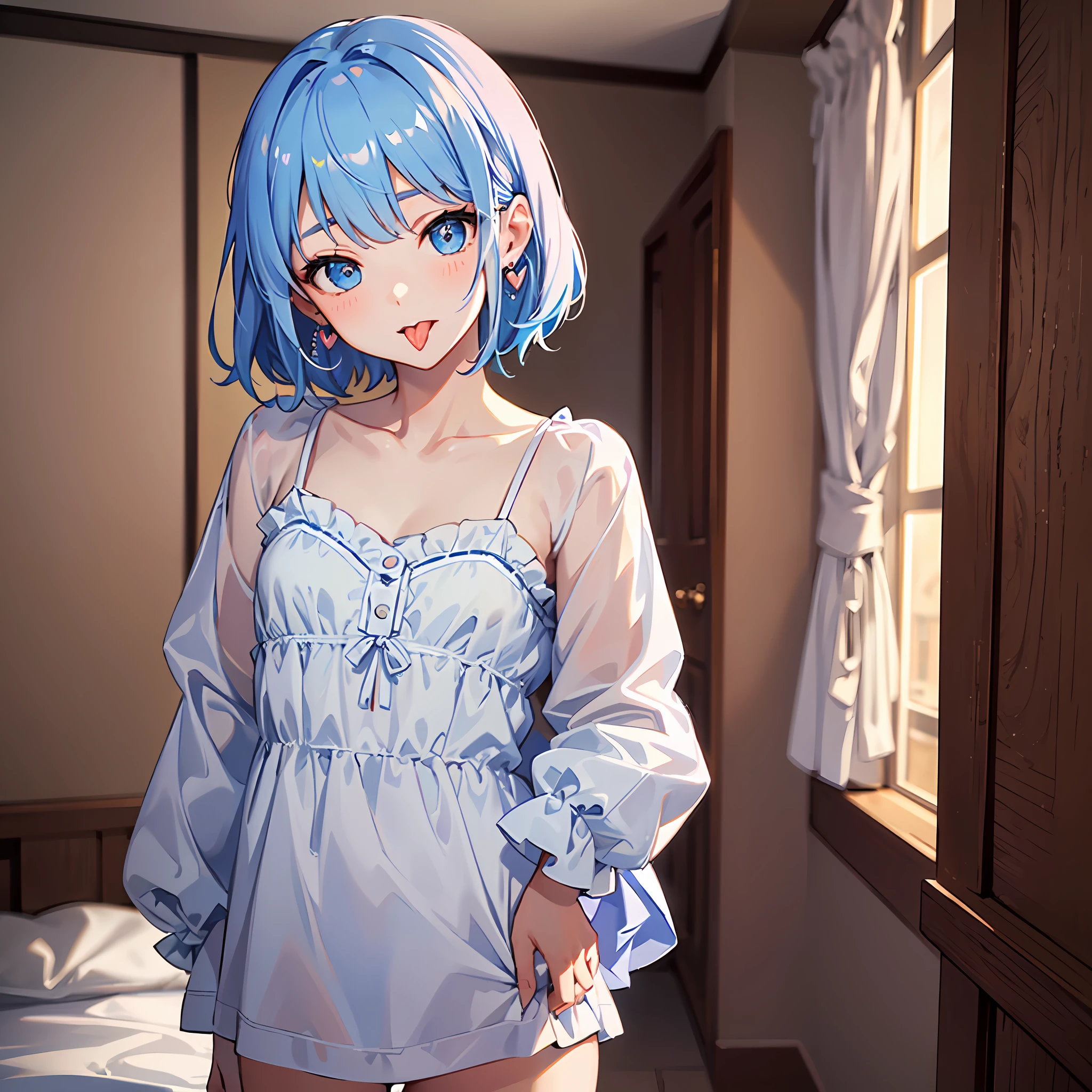 ((((Masterpiece)))), ((Best Quality))), Hi-Res, On Thighs, Standing, (Backwards), (Cute One Girl))), Solo、、、White Skin, Small, Eight-headed Body, (Light Blue Hair), ((Short Hair)), (Straight Bangs)), Beautiful Hair, Blue Eyes, Beautiful Eyes in Detail, (((Tongue)), Red Face, Wink, Heart, Nightwear, Earrings, White Room, Bed, Shadow Lighting,