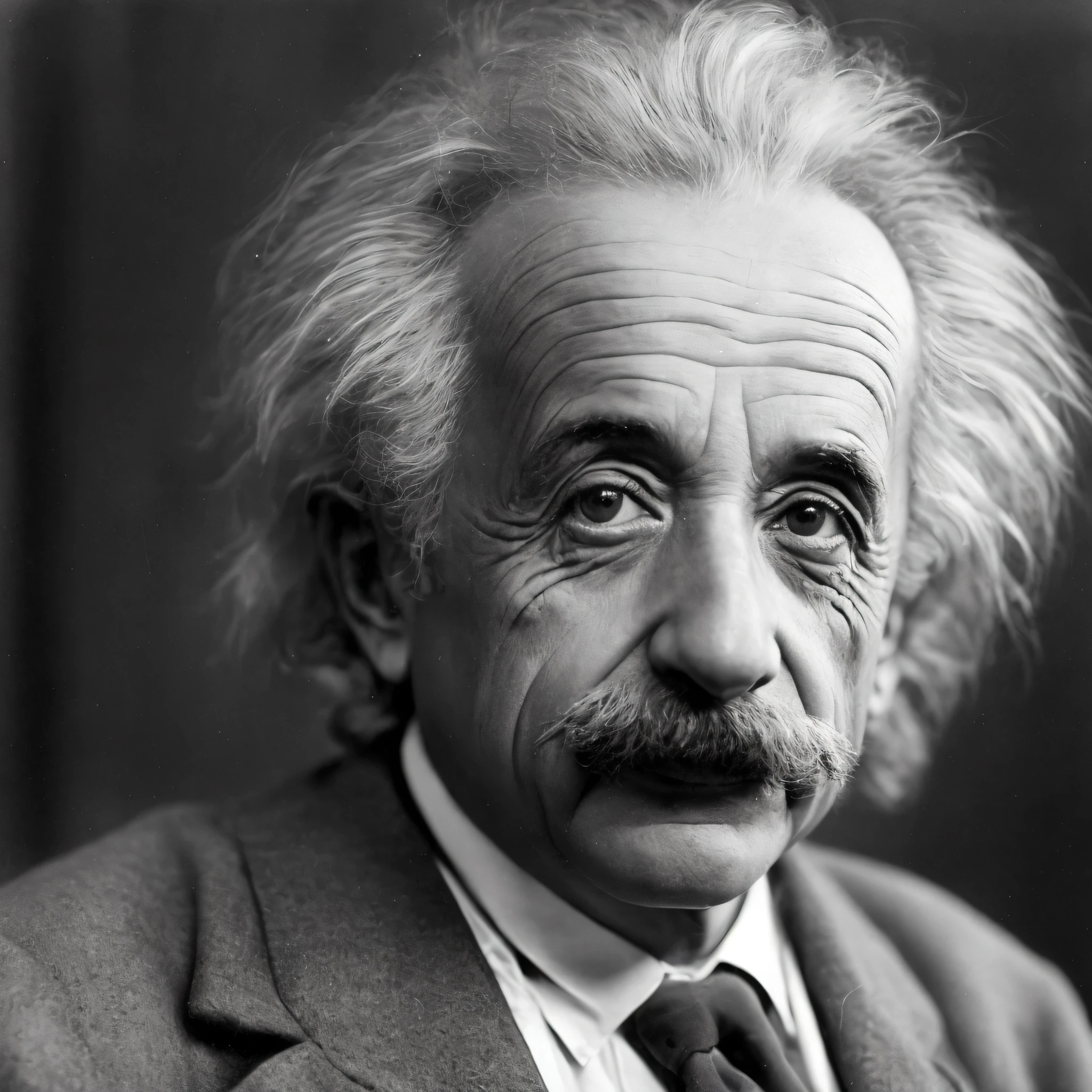 Generate an image of Albert Einstein with these characteristics. . Einstein had a peculiar and distinctive appearance. He was a man of medium height, about 1.75m tall, and his face was marked by unkempt hair and a thick, shaggy beard. His eyes were deep and piercing, with an intense and curious expression. He usually wore simple, unflashy clothes, such as a dark suit with a silk tie. His appearance was often described as sloppy, but this did not diminish his striking presence and impressive intellectual capacity. In his photographs, Einstein is usually depicted with a serious expression, but some images also show a shy and wry smile. His penetrating gaze and distinctive appearance are often associated with his genius and his unique personality --auto