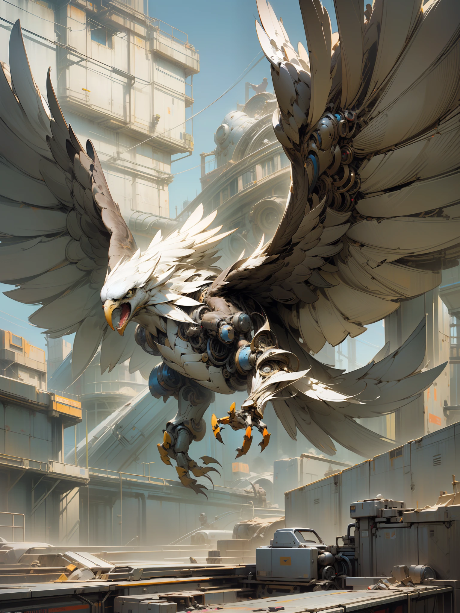 Mechanical eagle with wings spread, eagle in cyber armor, ((((eagle))), mechanical feathers, red biomechanical details, highly realistic concept art, super detailed digital art, detailed digital concept art, highly detailed digital artwork, realistic complex concept art, surrealist concept art, beautiful digital artwork, robot bird, highly detailed digital art, high quality digital concept art
