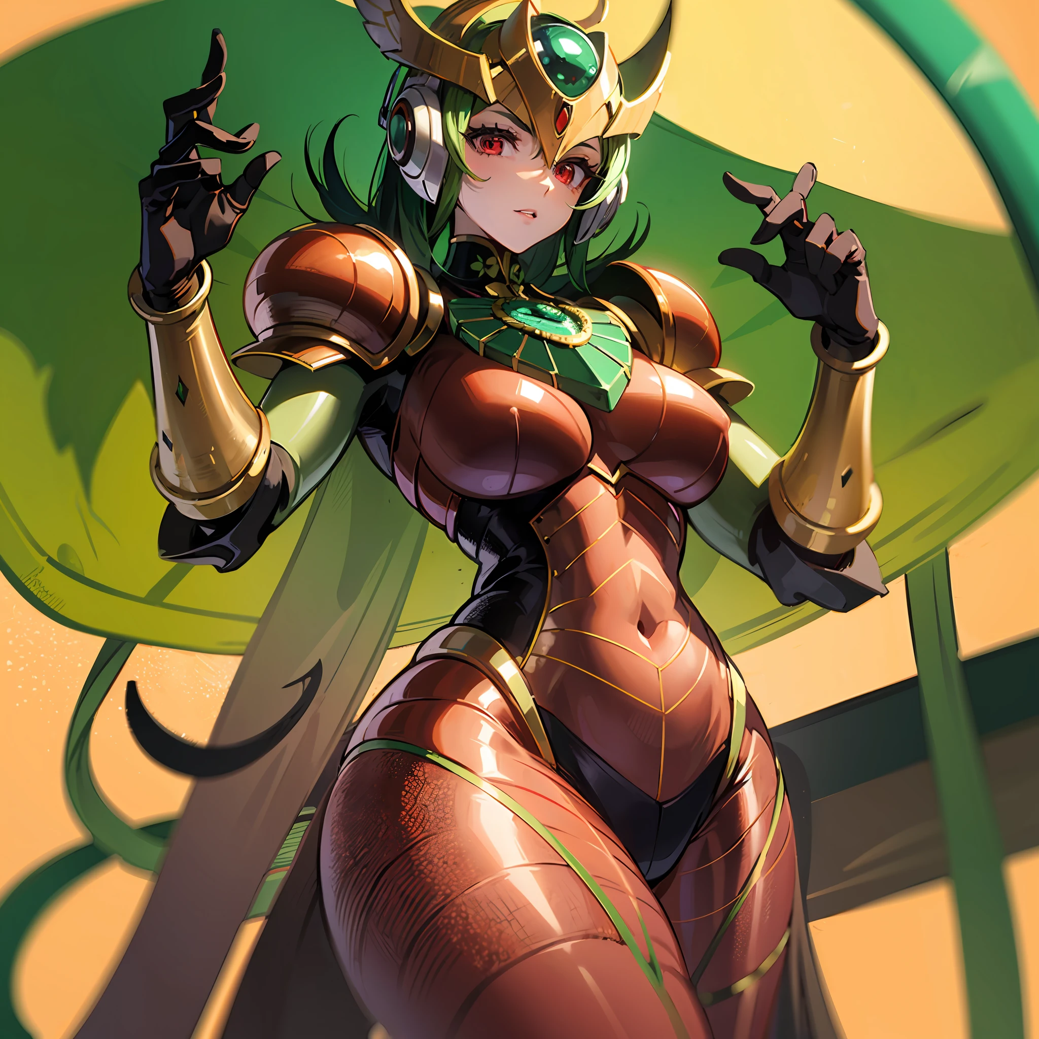 Cartoon photo of woman in green and red costume, hot insect humanoid woman, Guyver style, SFW version, red eye, scarab reploid, bellows tail, cel shade adult animation, alien queen, serpentine pose,