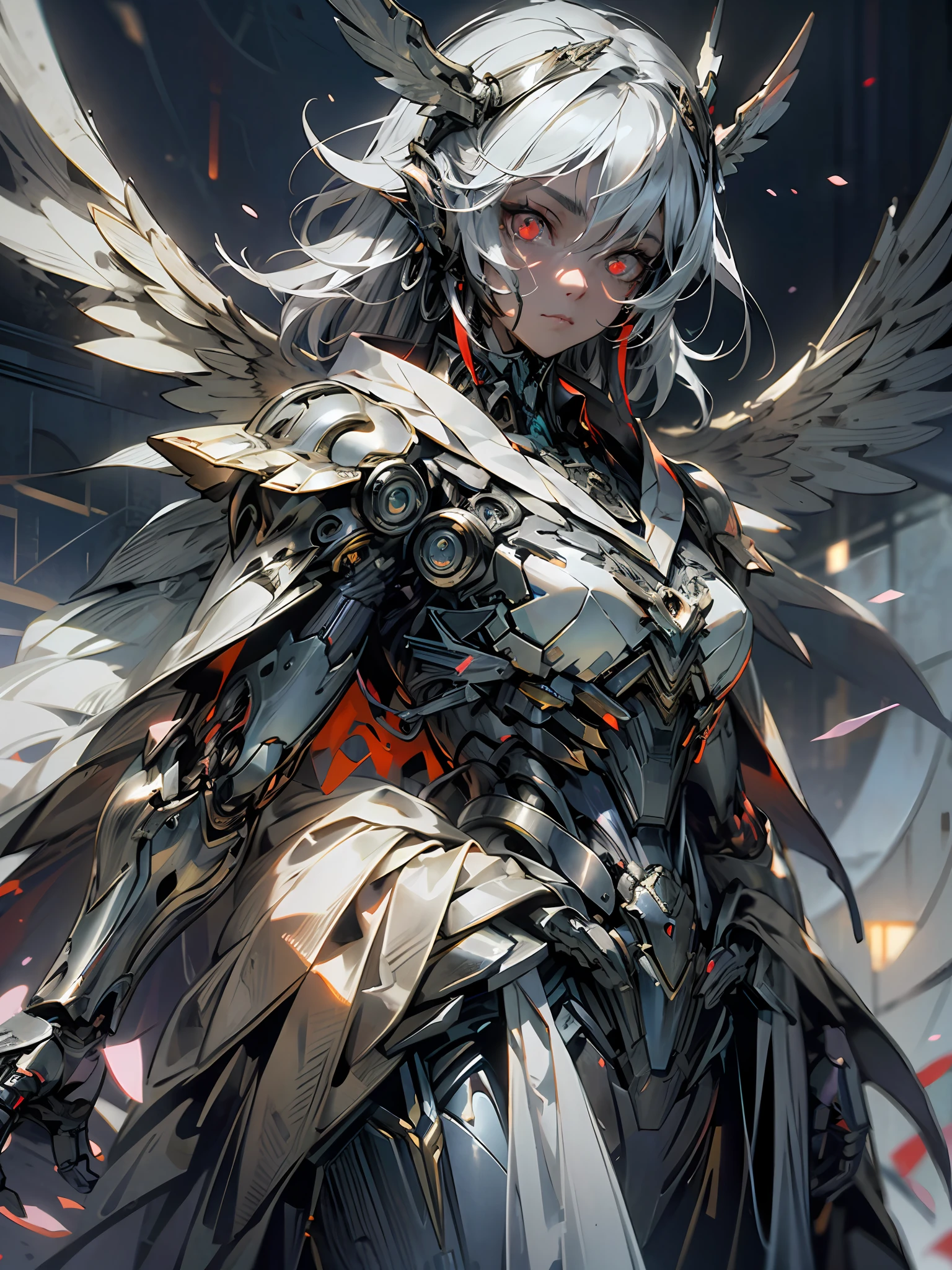 (masterpiece, best quality:1.3),extremely high detailed, intricate, 8k, HDR, wallpaper, cinematic lighting, (universe), fighting, glowing, armor, 1girl, beautiful face, red eyes, glowing eyes, mecha, white robe, large wings,