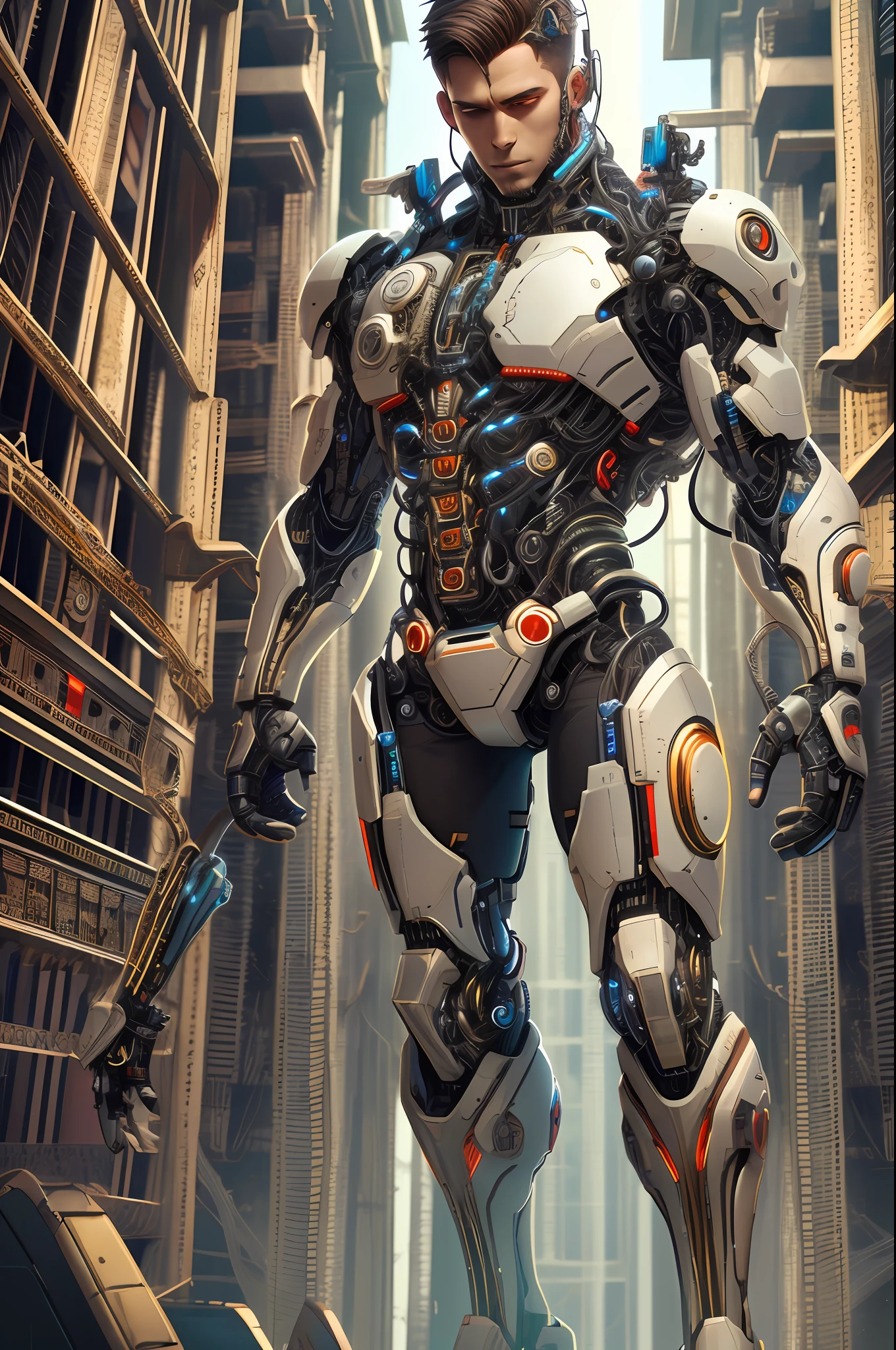 A male character, cyborg, intricate details, full body, apparent wires, technological mechanism, masterpiece, best quality, full body, vivid colors, highly realistic colors, front angle, 16k