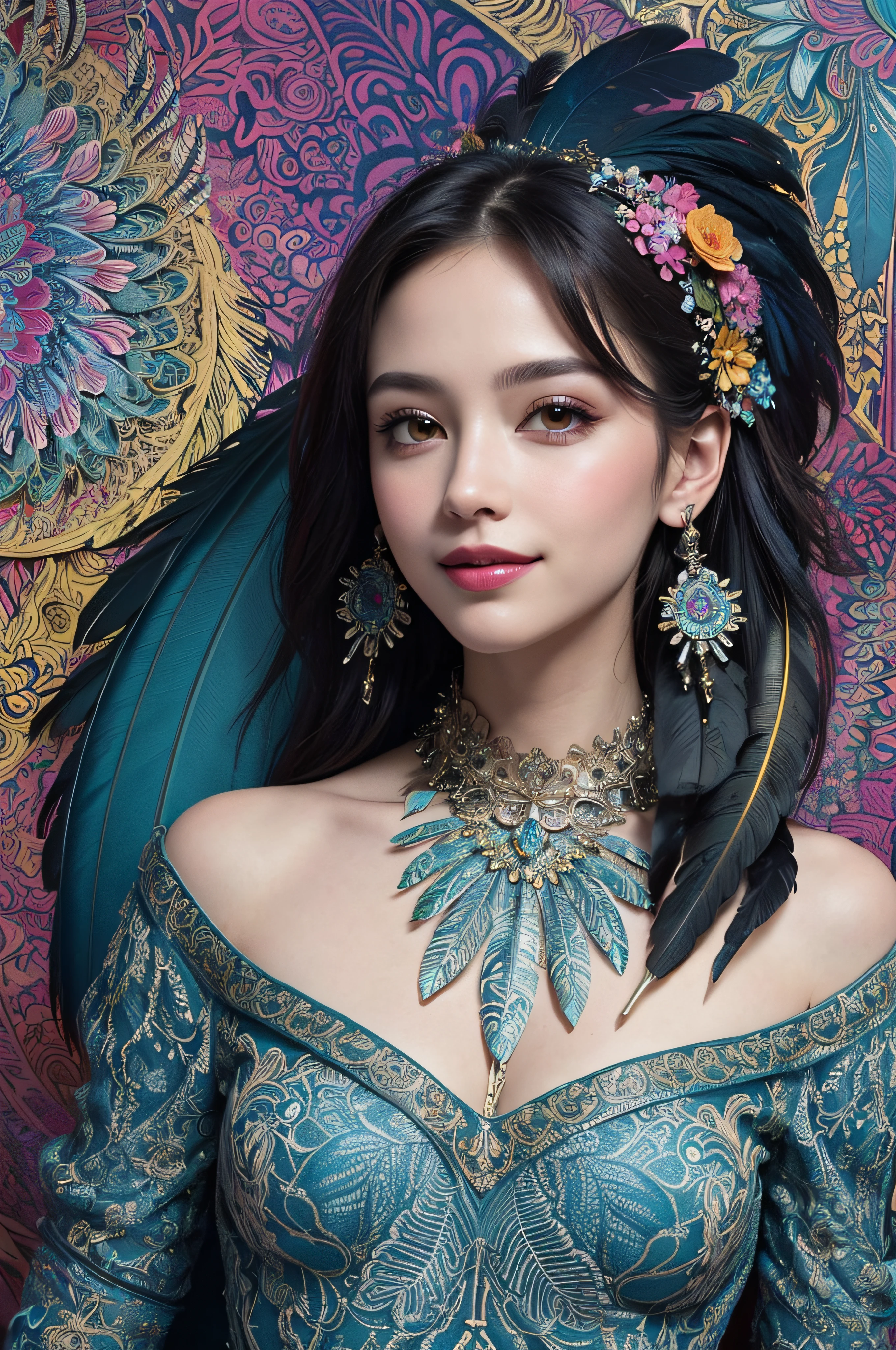 (masterpiece, top quality, best quality, official art, beautiful and aesthetic:1.2), (1girl:1.3), smiling, extremely detailed,(fractal art:1.1),(colorful:1.1)(flowers:1.3),highest detailed,(zentangle:1.2), full body, (abstract background:1.3), (shiny skin), (many colors:1.4), ,(earrings), (feathers:1.5),