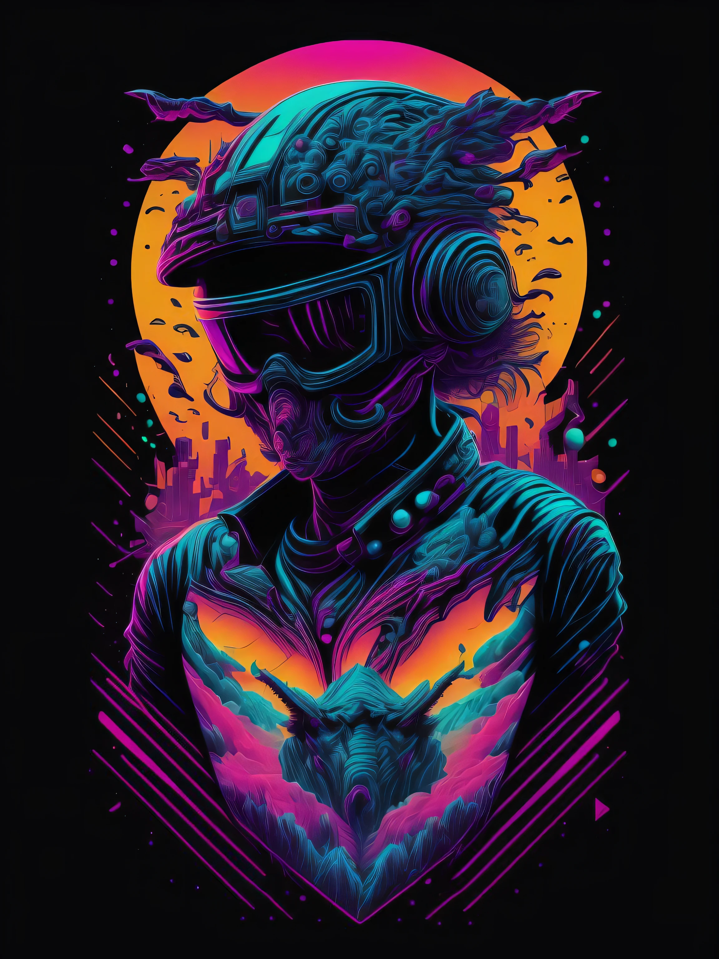 psychadelic, vector image, t-shirt design, isolated, black background, futuristic 3D illustration