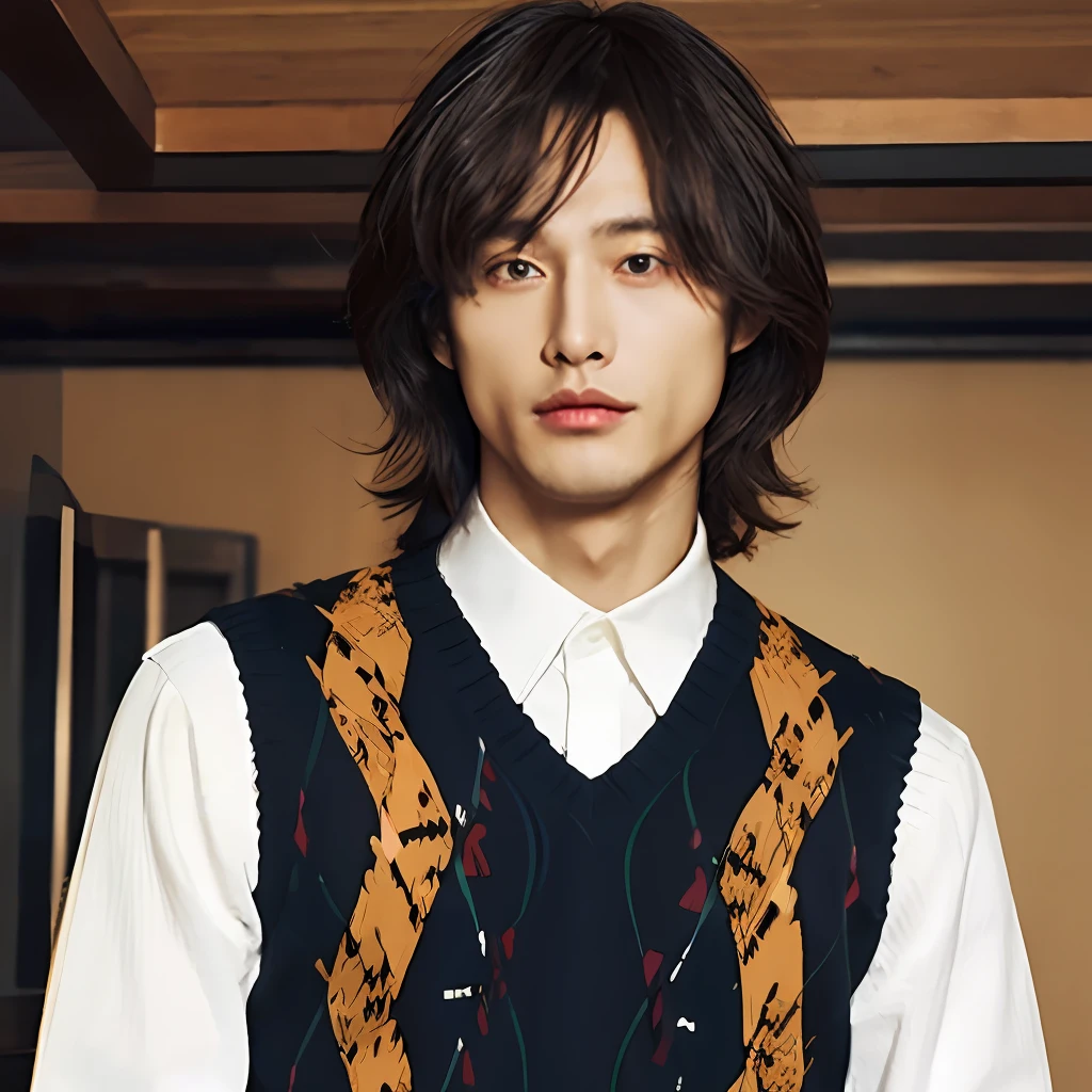 masterpiece, best quality, akechi gorou, winter indoor, 1boy, solo, argyle sweater vest, white collared shirt, long sleeves, male focus, 4k, 8k,