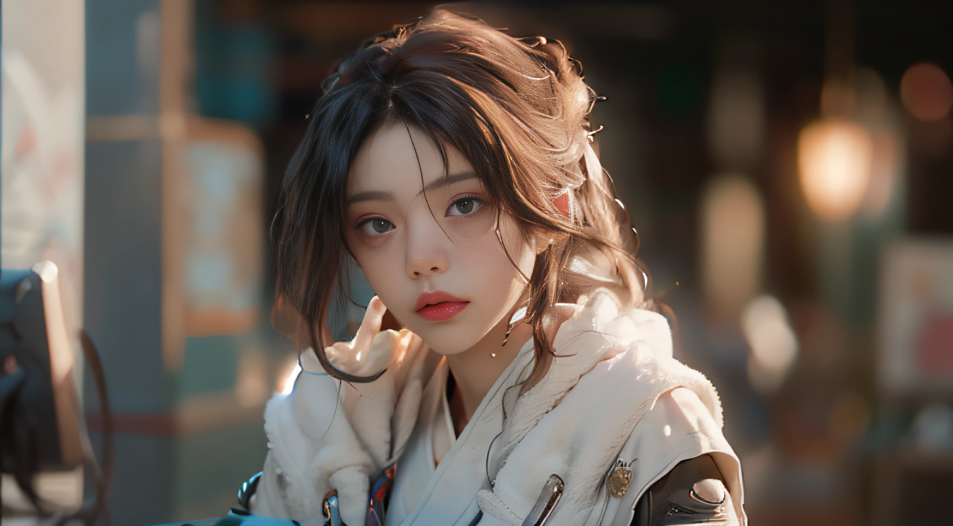 ((best best quality)), ((MasterPiece)), (Detail:1.4), 3D, A beautiful cyberpunk female image,HDR(high dynamic range),RayTrace,nvidia rtx,The ultra-Resolution,Unreal 5,Subsurface scattering、pbr texturing、postprocessing、Anisotropic Filtering、depth offield、Maximum Clarity and Clarity、Many-Layer Textures、Albedo and Specular map、Surface coloring、Mitsu-Accurate simulation of material interactions、Perfect Scale、octanerendering、Two-colored light、large aperture、low ISO、white balance、Rule of Thirds、8K RAW、beautiful bright pupils,flowing robe,Fine pupils,Detailed face and eyes,Long Lashes,Blushlush,voluminous hair,Tender red lips