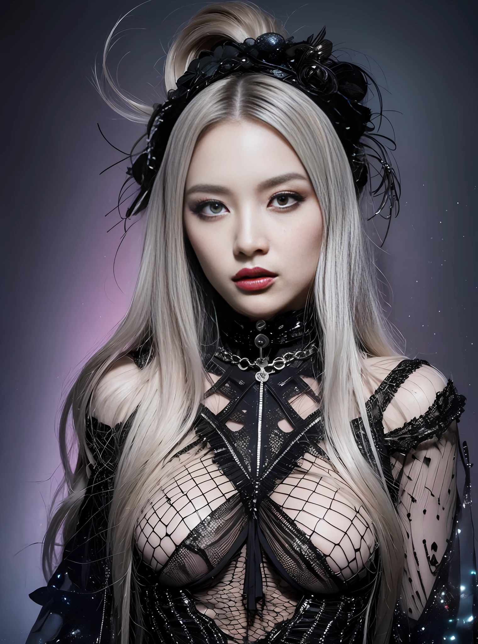 (highest quality, high resolution, masterpiece: 1.3), produces works of women that combine a dark and mad world with a focus on black with intense fantasy elements in high quality. She has a creepy and attractive figure, and the black fashion style that wraps around her whole body highlights her personality. The backdrop is a fantastic fantasy world, with magical lights dancing and strange creatures, magical plants, and graveyards. Her figure is mysterious, with a brilliant blend of dark vibes and fantasy essence. The effects of light and shadow are skillfully presented, and the details of the black costume and her face and expression are meticulously drawn. The fantasy element intensifies even more, and a magical light envelops her. The overall atmosphere is mysterious and enchanting, yet it has its own artistic touch. The black and dark tones of this work stand out, which will evoke visual stimulation and aesthetic sensation, giving the viewer interest and mysterious charm. We create high-quality works that weave fantasy elements into a dark and mad worldview. Her eerie and charming figure and fantastic background will make a deep impression on the viewer as a unique work of art.