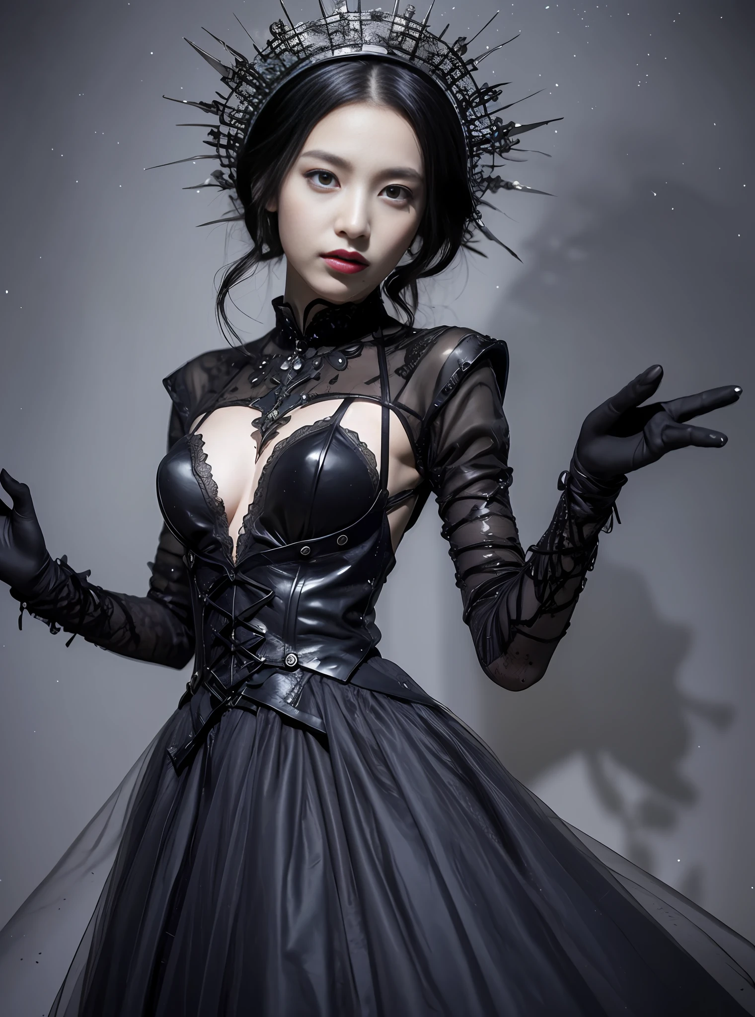 (highest quality, high resolution, masterpiece: 1.3), produces works of women that combine a dark and mad world with a focus on black with intense fantasy elements in high quality. She has a creepy and attractive figure, and the black fashion style that wraps around her whole body highlights her personality. The backdrop is a fantastic fantasy world, with magical lights dancing and strange creatures, magical plants, and graveyards. Her figure is mysterious, with a brilliant blend of dark vibes and fantasy essence. The effects of light and shadow are skillfully presented, and the details of the black costume and her face and expression are meticulously drawn. The fantasy element intensifies even more, and a magical light envelops her. The overall atmosphere is mysterious and enchanting, yet it has its own artistic touch. The black and dark tones of this work stand out, which will evoke visual stimulation and aesthetic sensation, giving the viewer interest and mysterious charm. We create high-quality works that weave fantasy elements into a dark and mad worldview. Her eerie and charming figure and fantastic background will make a deep impression on the viewer as a unique work of art.