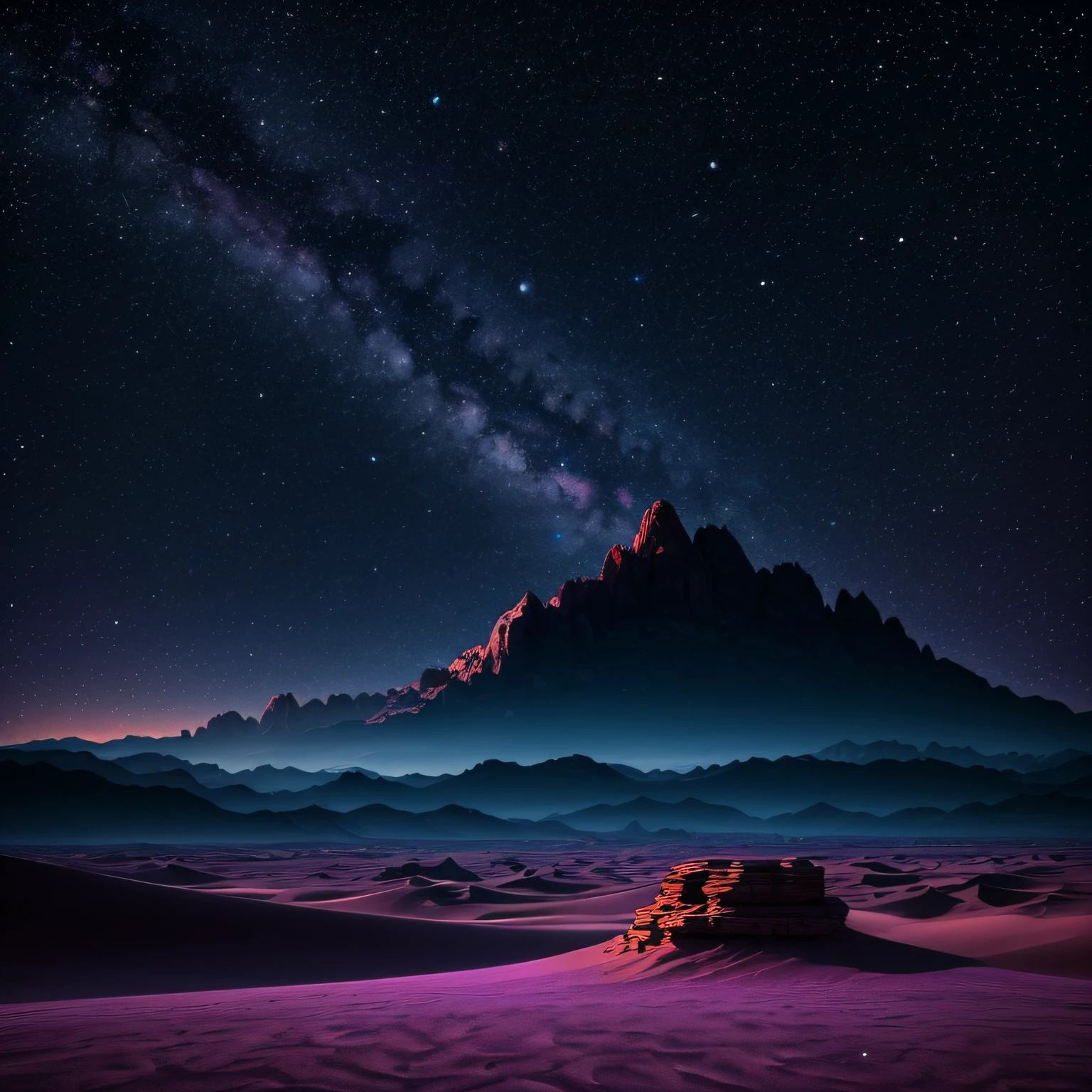 Landscape of a purple desert space planet with mountains with starry sky --auto