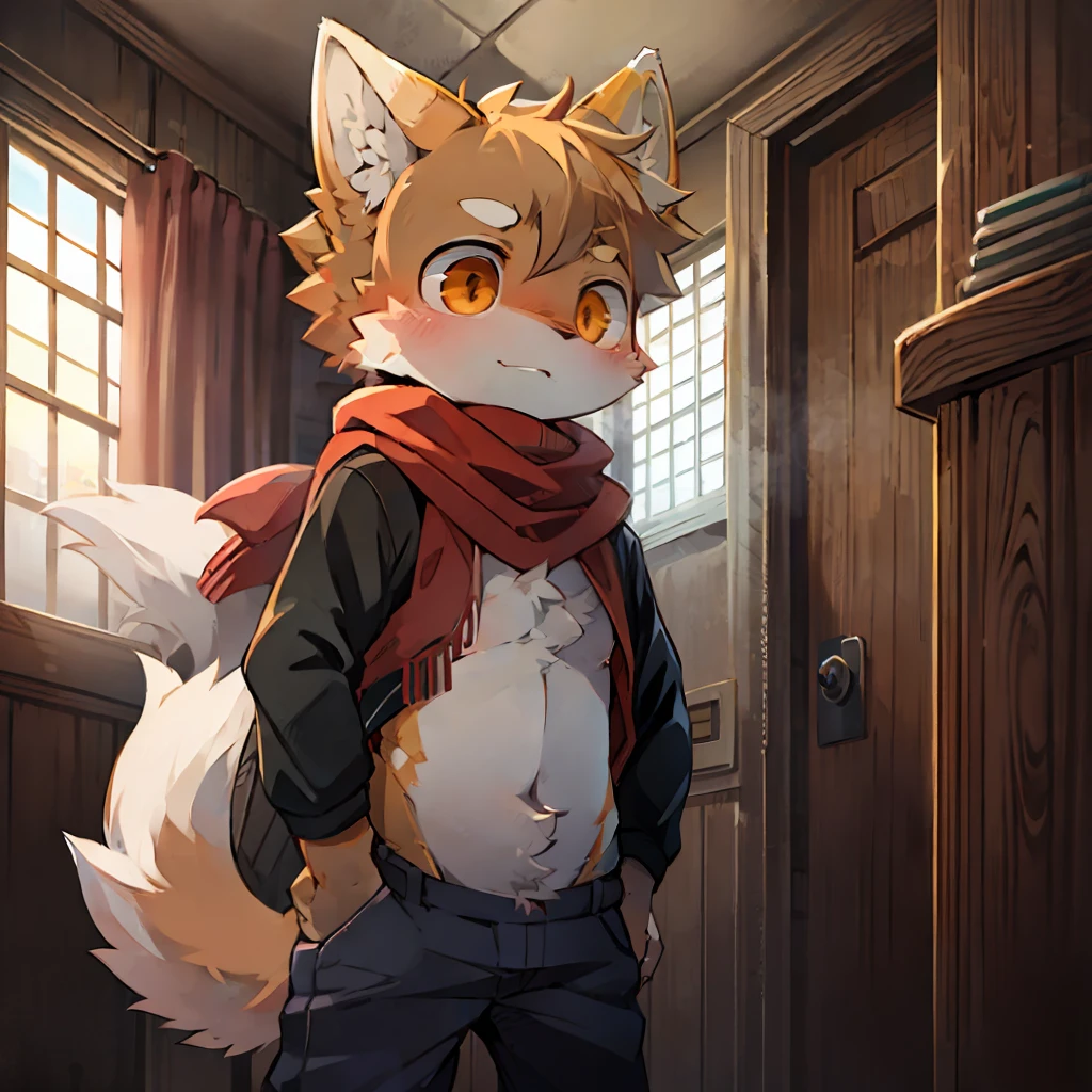 Orange and white fur, wolf ears, big tail, wolf tail, red scarf, standing, cute anime character, Shota, 7 