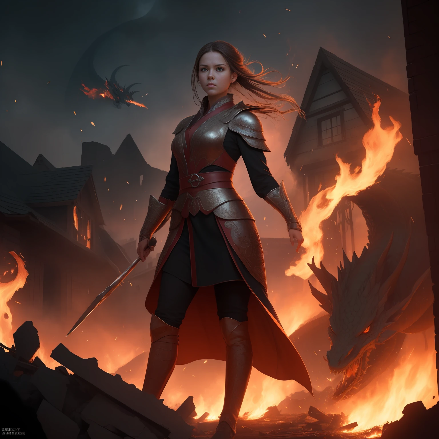 awarding winning , masterpiece, best quality, highres, ultra-detail, 8k, fantancy, raw,realistic,depth of field,1 girl ready for battle , exquisite face, detailed face,(full-body:1.4), perfect body ratio, (1dragon over her and spit fire) ,sparks, ruins of house as background, night time