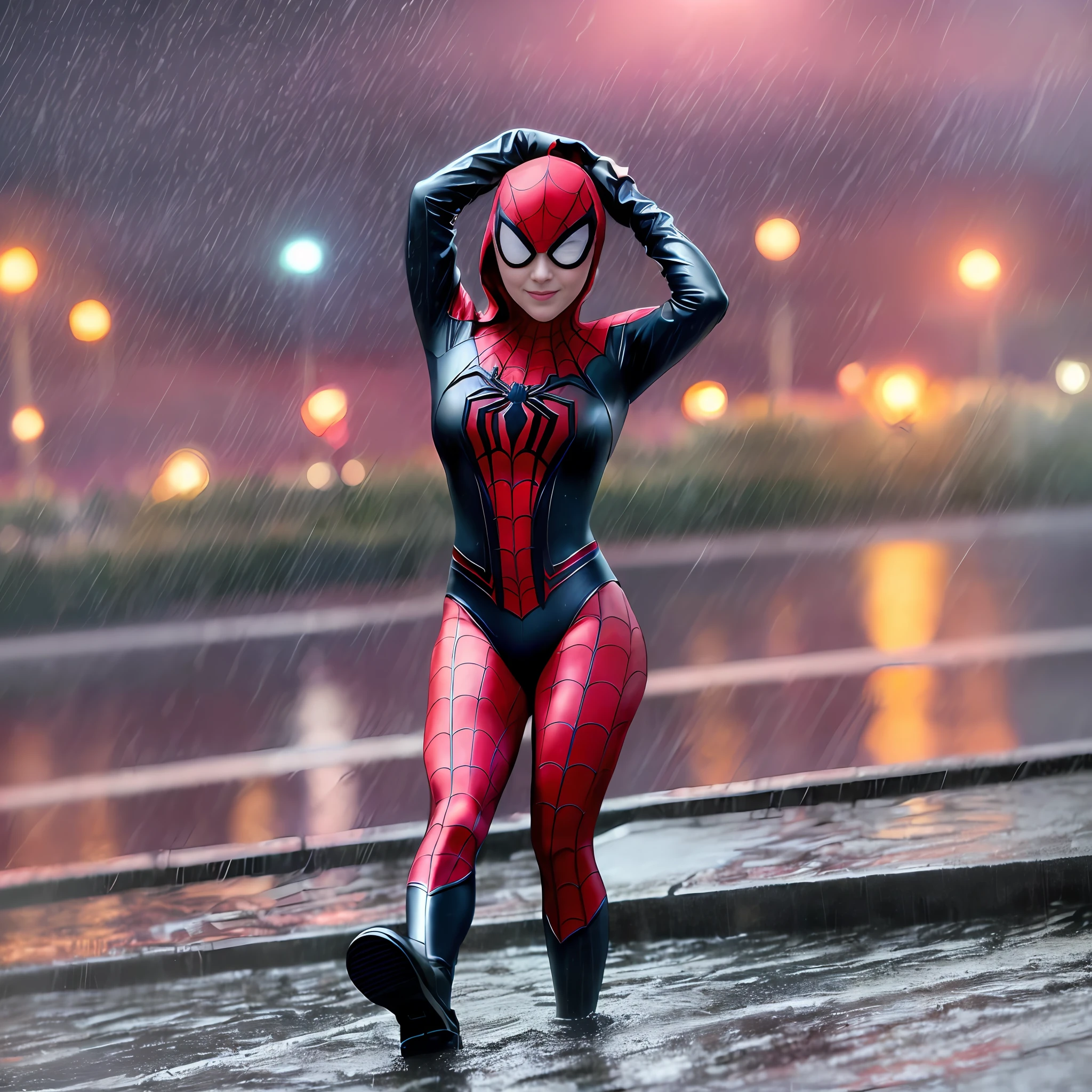 (64K, UHD, top quality, masterpiece:1.2), (realistic, photo-realistic:1.37), super detailed, Emma Stone in a spiderman suit a spider in the rain, symbiote, miles morales!!!, toxic, poison symbiote, spiderman futuristic style, miles morales, venom dunking on spiderman, venom, spawn, cute, solo, beautiful sky detail, detailed cafe, night, sitting, dating, (nose blushing), (smile:1.15 ), hot Emma Stone with big boobs in public best quality, cleavage, eye detail beautiful, (spiderman costume mini skirt:1.1), night, wet, rain, (short hair:1.2), floating hair