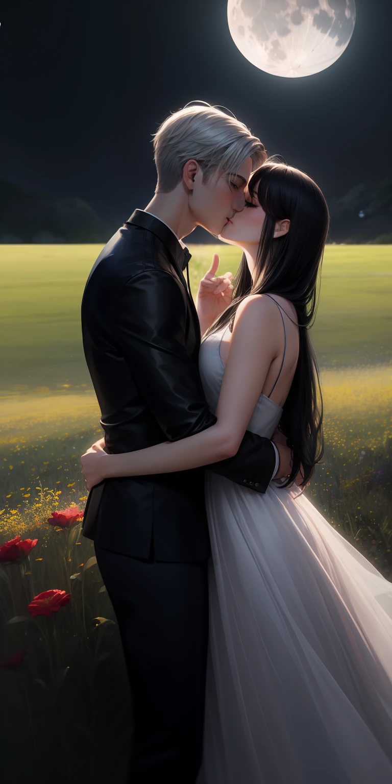 realistic, couple,1girl (long black hair), 1boy (short silver hair), passionate look, embraced, kiss, cliff, field, flowers, moon, moonlight, reflection, romantic, dress, social clothing, love, romance, white hair man