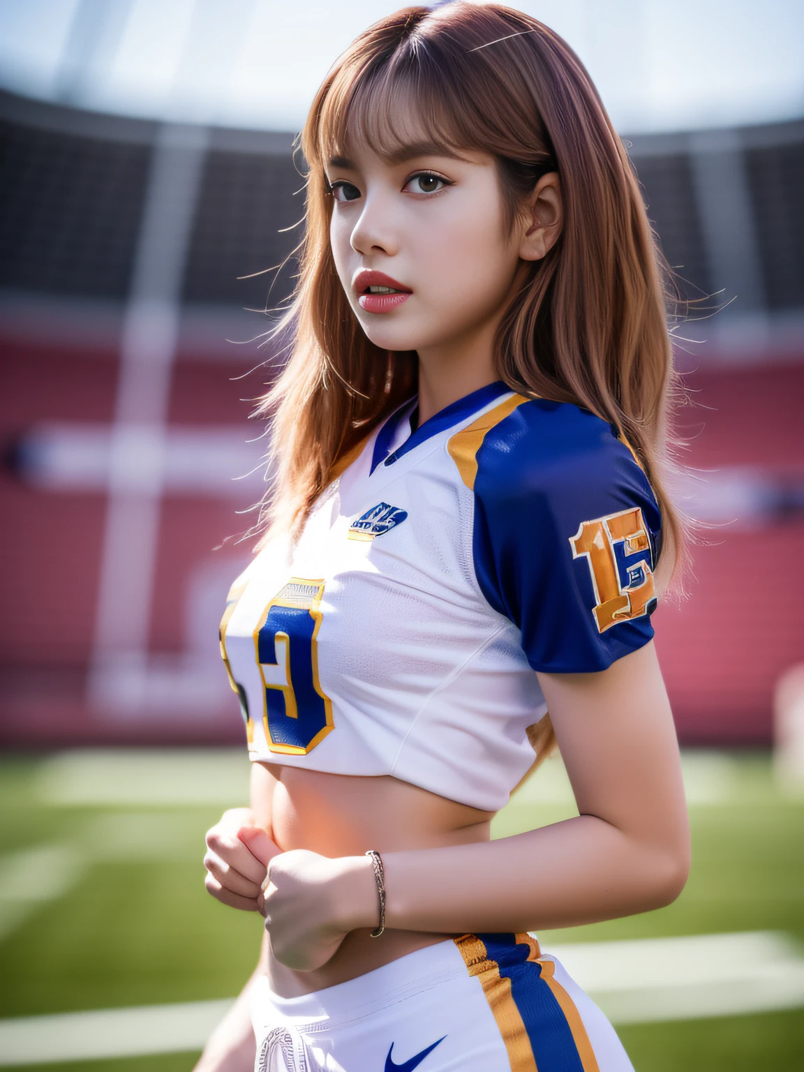 Masterpiece, superlative, realistic, Jennie wearing trendy football uniform, bare waist, HD, photography lighting, 16k