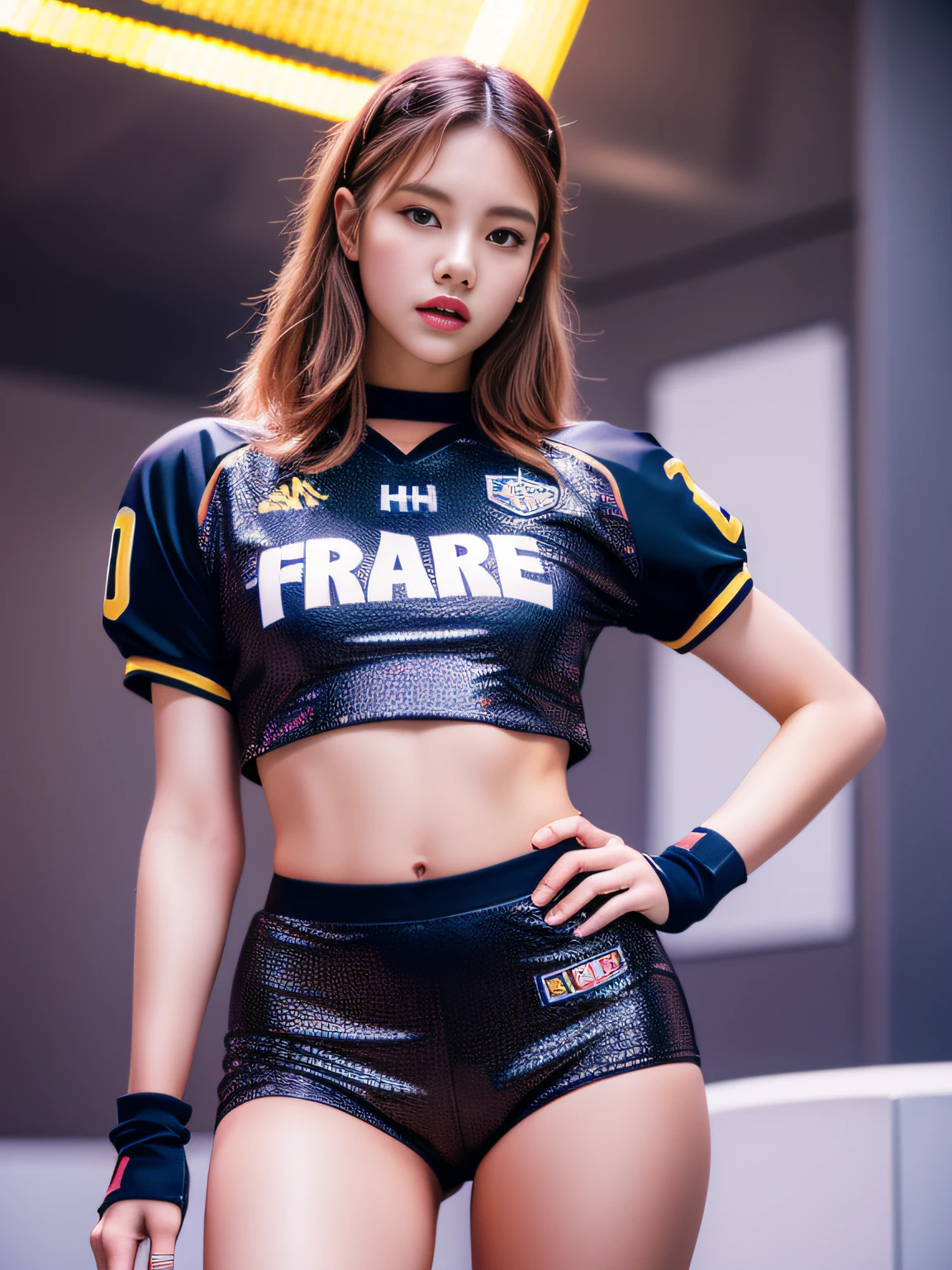 Masterpiece, superlative, realistic, Jennie wearing trendy football uniform, bare waist, HD, photography lighting, 16k