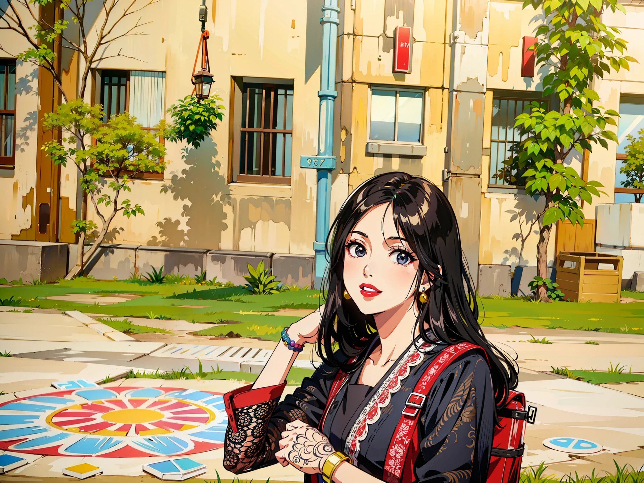 (masterpiece),(best quality:1.0), (ultra highres:1.0), detailed illustration, 8k, anime, 1girl, beautiful anime girl, wearing a black, intricate details, black eyes, detailed eyes, black hair, detailed hair detailed, highlights on hair, smile, red lipstick, red lips, detailed lips, anime style, best quality, detailed