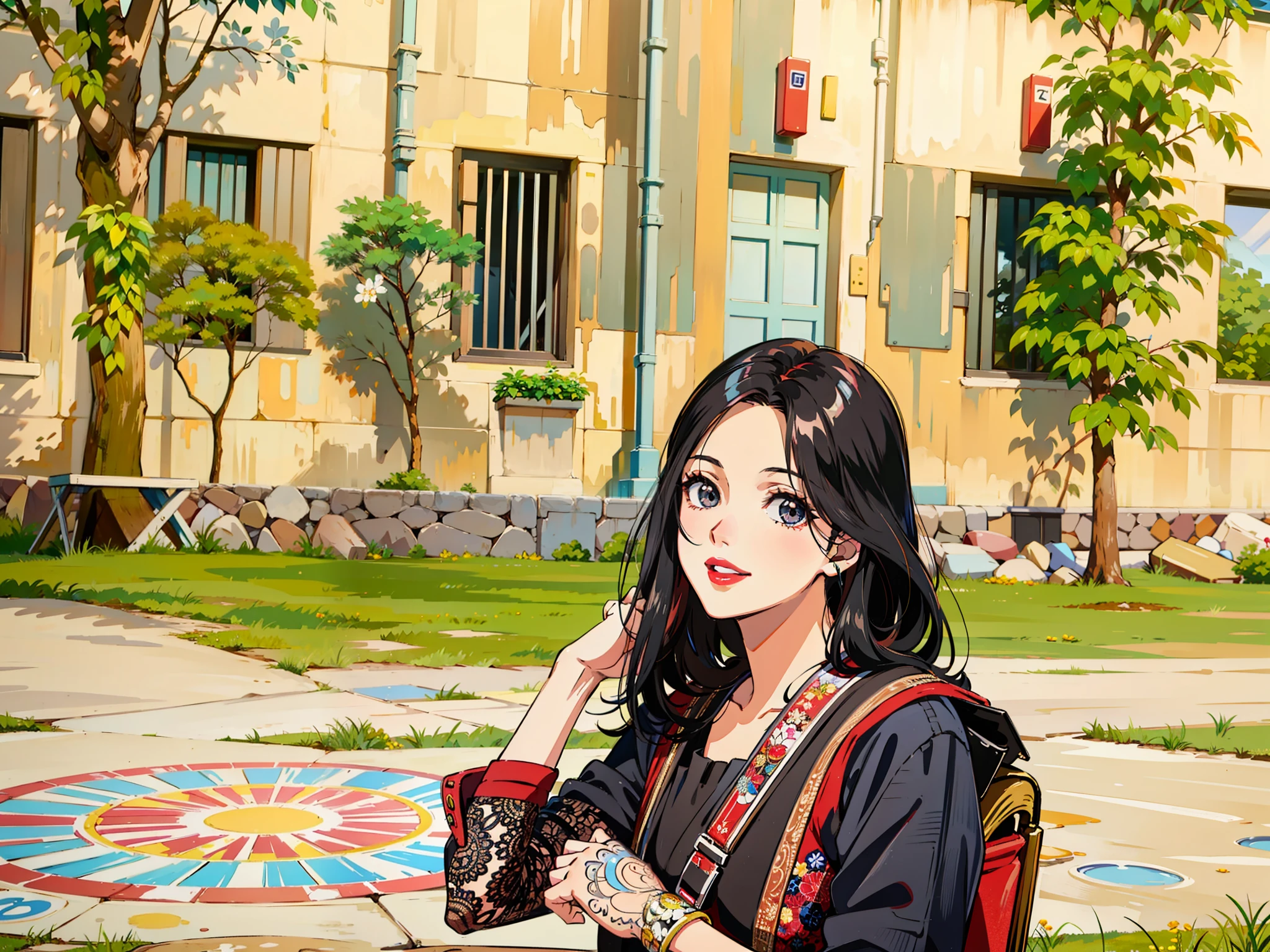 (masterpiece),(best quality:1.0), (ultra highres:1.0), detailed illustration, 8k, anime, 1girl, beautiful anime girl, wearing a black, intricate details, black eyes, detailed eyes, black hair, detailed hair detailed, highlights on hair, smile, red lipstick, red lips, detailed lips, anime style, best quality, detailed