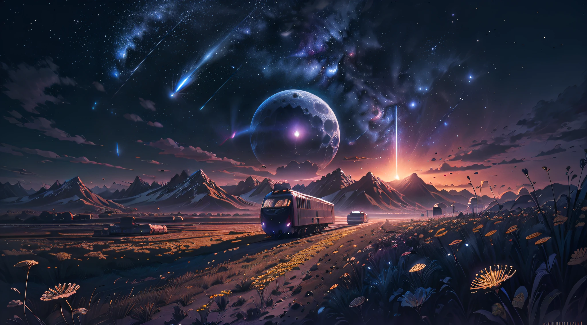 (Absurd, Cinematic, UHD, taller, ultra detailed, ultra detailed), dark purple sky, nebula in the sky, last 5 in the sky, big moon in the sky, flying train, shooting star, dandelion field, mountain, oil painting, detailed dandelion field, detailed sky, sunset