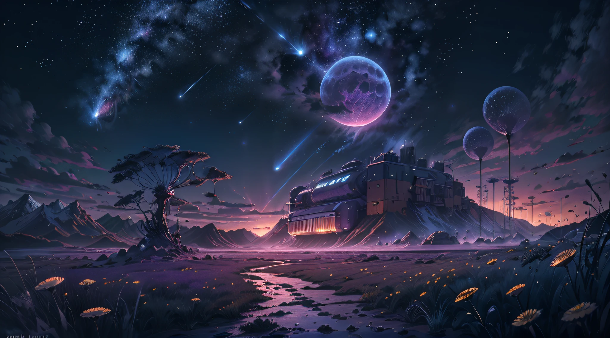(Absurd, Cinematic, UHD, taller, ultra detailed, ultra detailed), dark purple sky, nebula in the sky, last 5 in the sky, big moon in the sky, flying train, shooting star, dandelion field, mountain, oil painting, detailed dandelion field, detailed sky, sunset