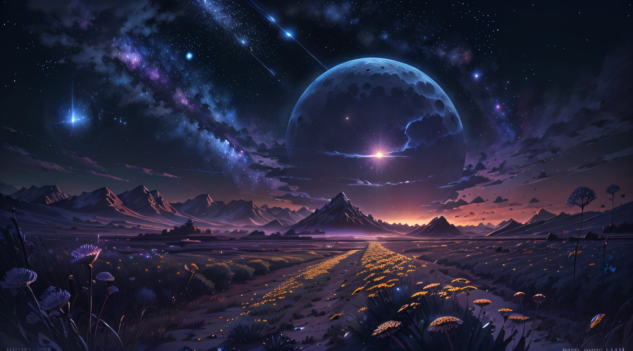 (Absurd, Cinematic, UHD, taller, ultra detailed, ultra detailed), dark purple sky, nebula in the sky, last 5 in the sky, big moon in the sky, flying train, shooting star, dandelion field, mountain, oil painting, detailed dandelion field, detailed sky, sunset