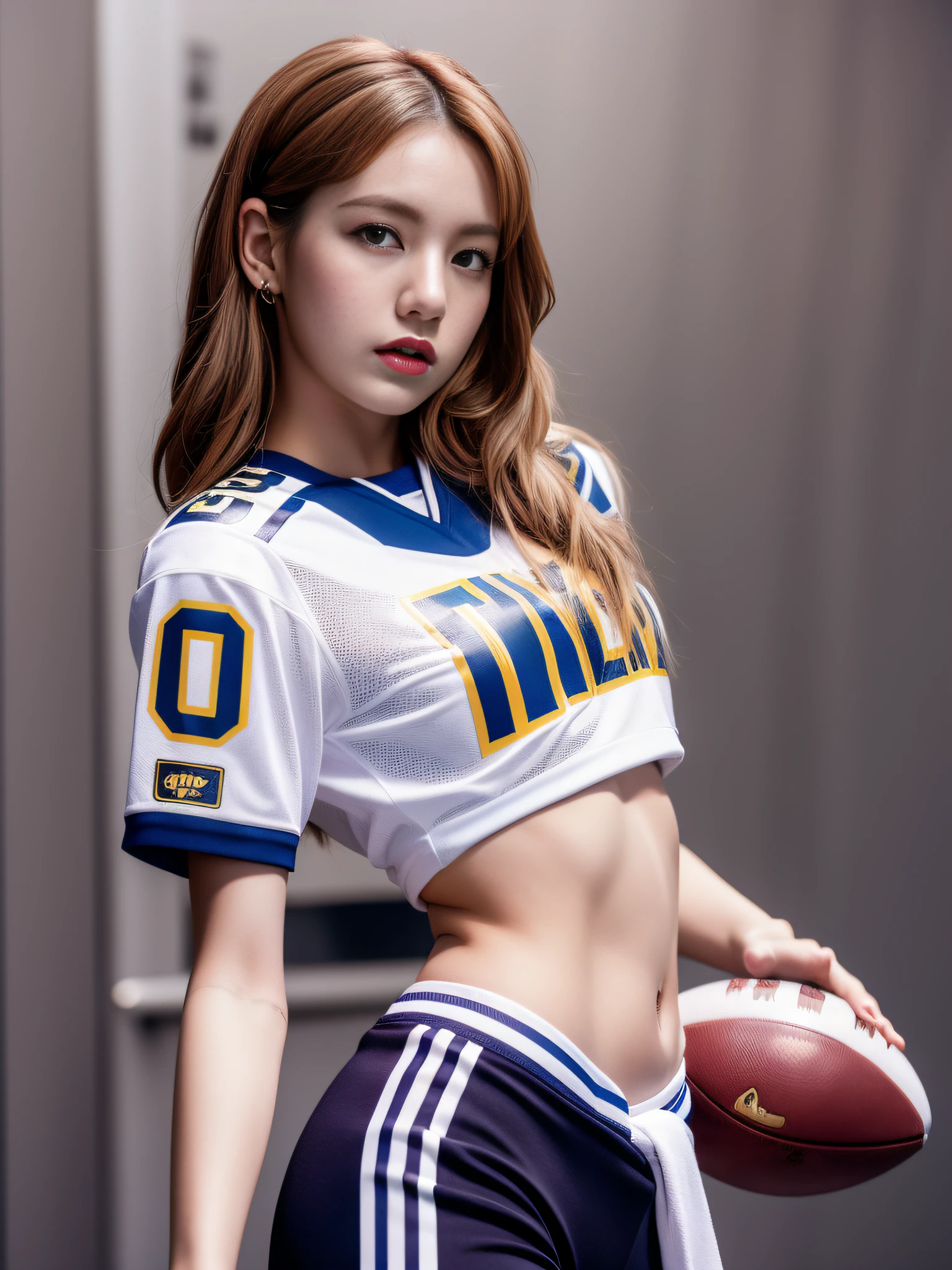 Masterpiece, superlative, realistic, Lisa wearing trendy football uniform, bare waist, HD, photography lighting, 16k
