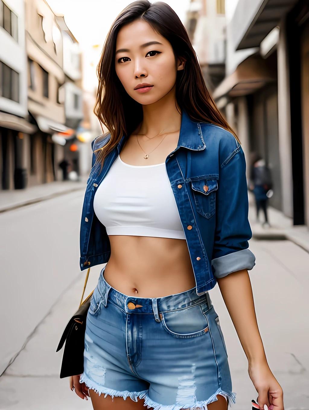 photo of a stunning beautiful Japanese and Brazilian woman ethnicity, honey eyes, long messy windy light brown hair, flipping hair, closeup zoomed in tight crop portrait, walking down a (big city alley people cars scene:1.2) wearing a (crop top and jeans shorts:1.3) (shopping bags on her hand:1.3) (Lighting-Gold:1.2) foreground objects background details (masterpiece:1.2) (photorealistic:1.2) (bokeh:1.2) (best quality) (color grading) (detailed skin:1.3) (intricate) (8k) (HDR) (cinematic lighting:1.3) (sharp focus), messy windy hair