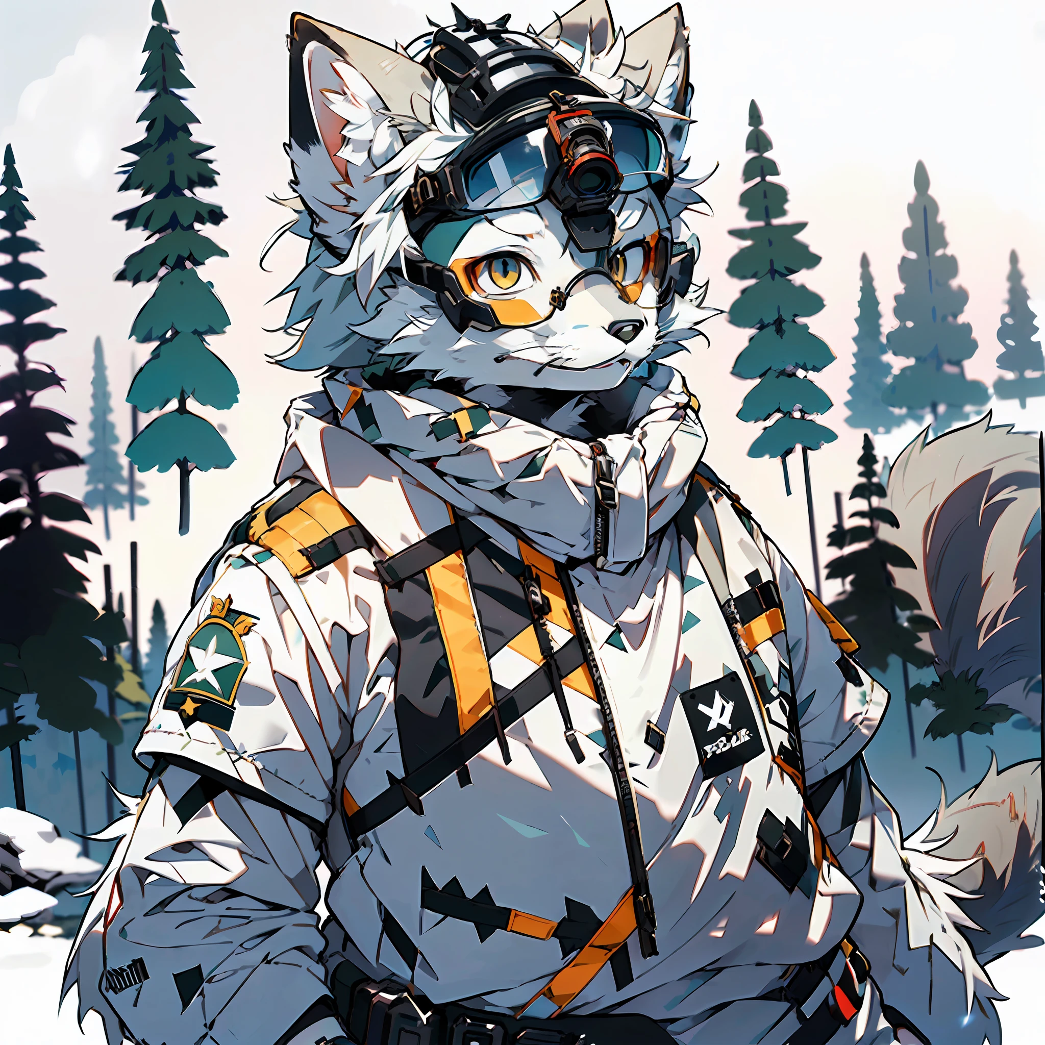 high detail, hyper quality, high resolution, 1080P, solo, furry, (male arctic fox: 1.5), (gray fur: 1.3), gray skin, gray ears, golden eyes, sharp claws, (fluffy tail: 1.2), (wearing soldier equipment)), wearing bulletproof vests, ((wearing soldier helmets)), wearing goggles, on battlefield ruins, detailed background