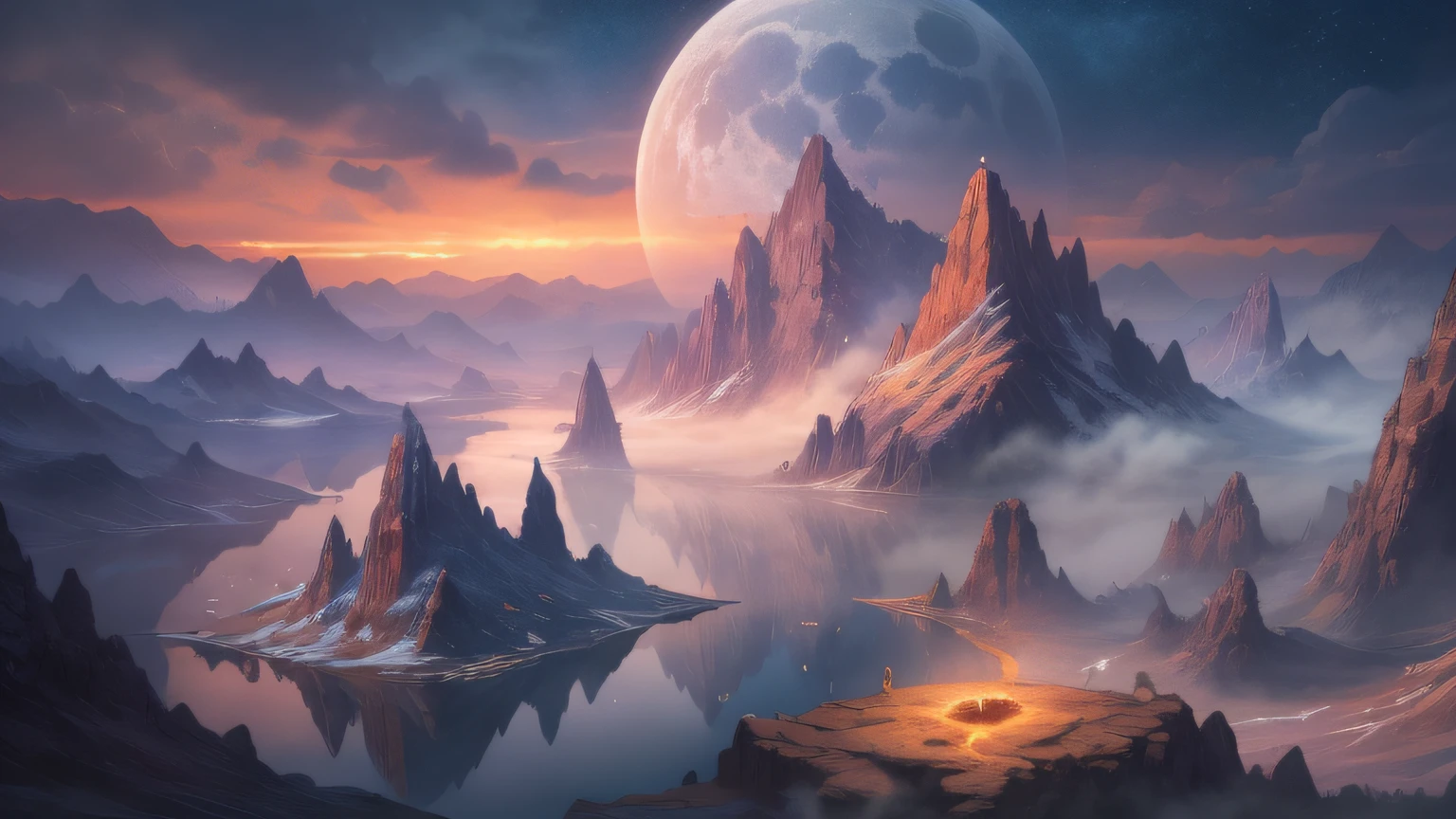 (enlarged: 1.1), mountains and a lake with a moon in the sky, 4k highly detailed digital art, 4k hd very detailed wallpaper, stunning fantasy landscape, sci-fi fantasy desktop wallpaper, unreal engine 4k wallpaper, 4k detailed digital art, sci-fi fantasy wallpaper, epic dreamlike fantasy landscape, 4k hd matte digital painting, 8k stunning art