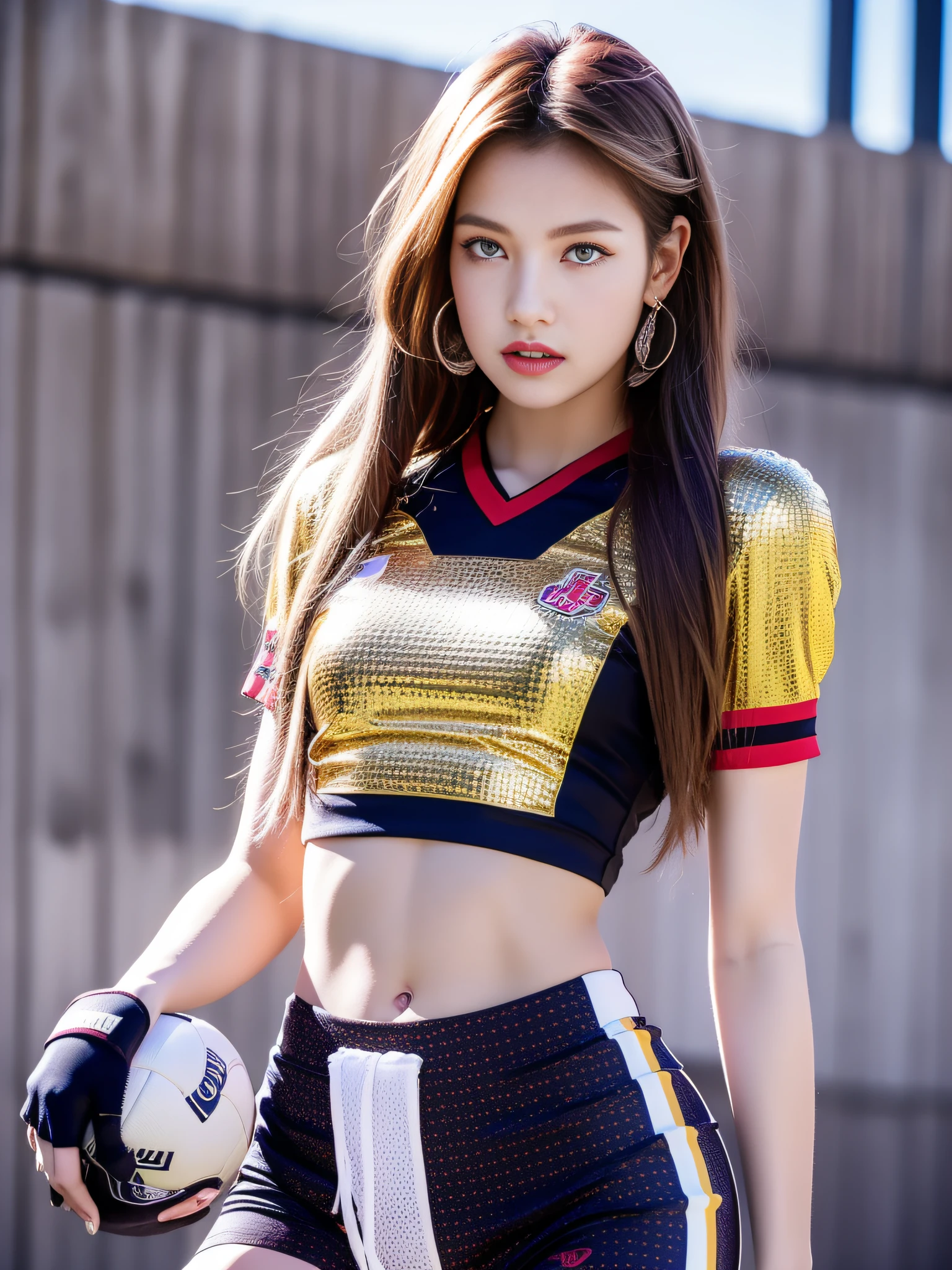 Masterpiece, superlative, realistic, Lisa wearing trendy football uniform, bare waist, HD, photography lighting, 16k