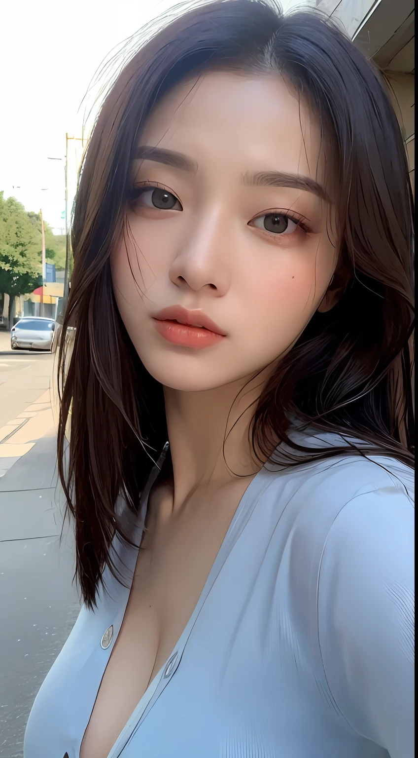 ((Best Quality, 8K, Masterpiece: 1.3)), Sharp: 1.2, Perfect Body Beauty: 1.4, Slim Abs: 1.2, ((Layered Hairstyle, Big Breasts: 1.2)), (Wet White Button Long Shirt: 1.1), (Rain, Street: 1.2), Wet: 1.5, Highly detailed face and skin texture, detailed eyes, double eyelids, side face looking at the camera