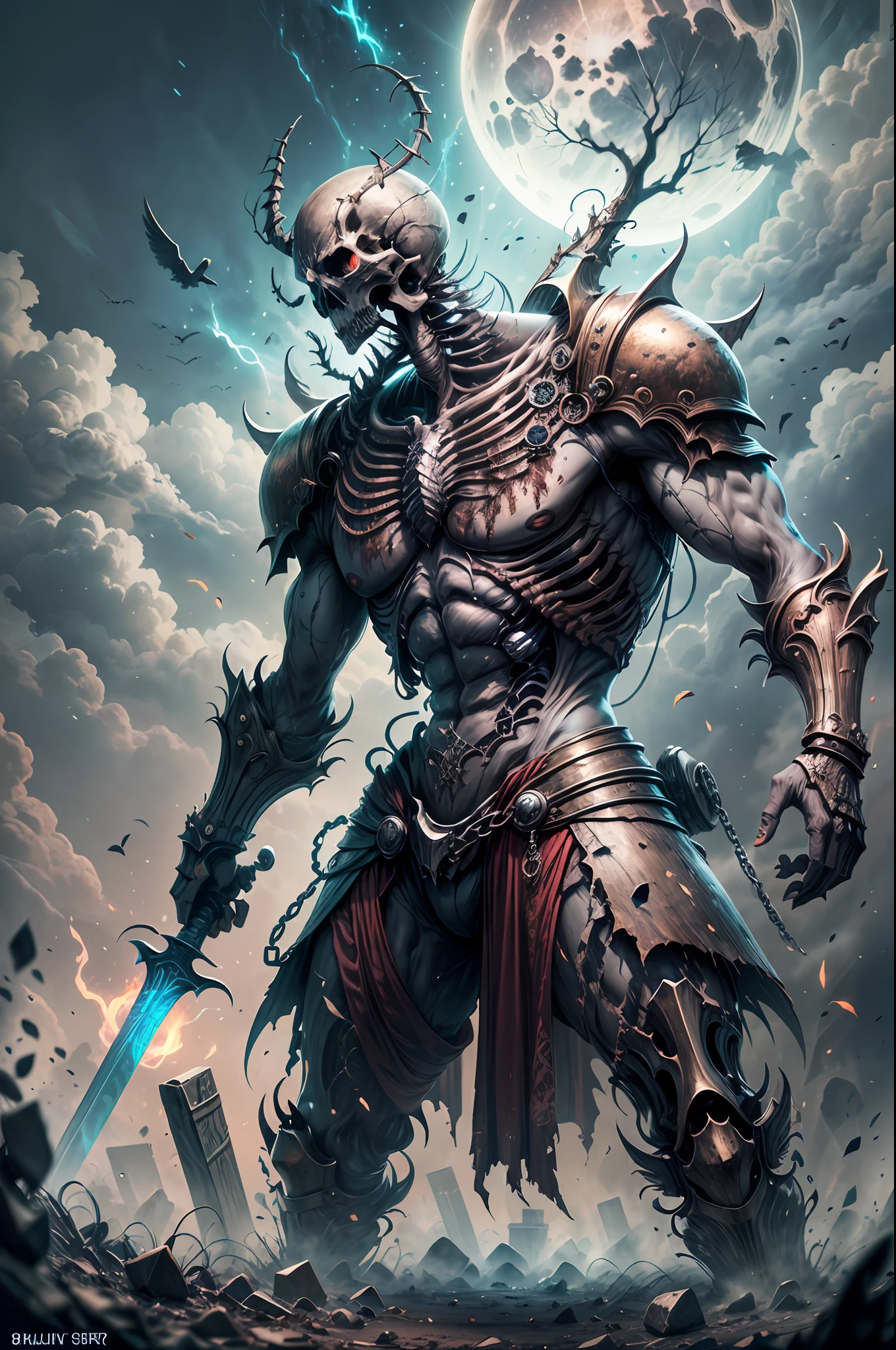 A skeleton knight rise from his grave, dragging with a rusted old long sword, detailed rusted old armor with some breaking parts, mythical glowing eyes, death aura, grave yard back ground, BREAK dark fantasy, horror, crows, distorted tree in the background, ashes and fog, night time, full moon, open skull, scary, looking extremely intimidated, rusted chain around his body, dirty, BREAK,Detailed,Realistic,4k highly detailed digital art,octane render, bioluminescent, BREAK 8K resolution concept art, realism,by Mappa studios,masterpiece,best quality,official art,illustration,ligne claire,(cool_color),perfect composition,absurdres, fantasy,focus