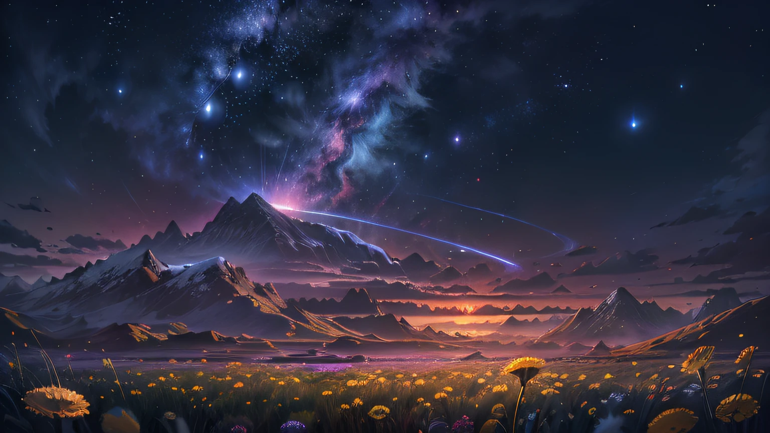 (Absurd, Cinematic, UHD, taller, ultra detailed, ultra detailed), dark purple sky, nebula in the sky, last 5 in the sky, big moon in the sky, flying train, shooting star, dandelion field, mountain, oil painting, detailed dandelion field, detailed sky, sunset