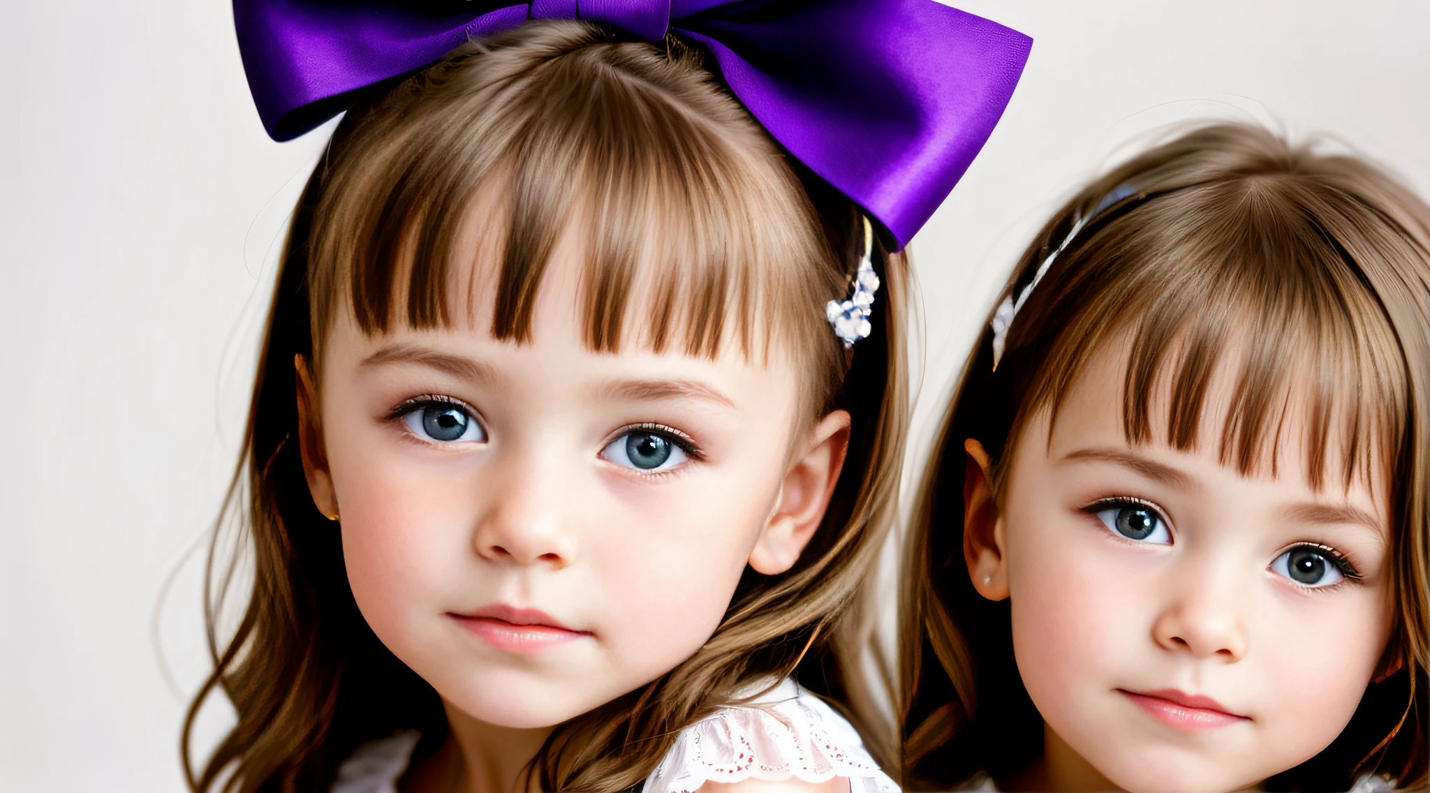 Russian style, girl children , photo studio white infinite background, close-up, bust, portrait , long blonde hair TRACES and giant bow PURPLE on head