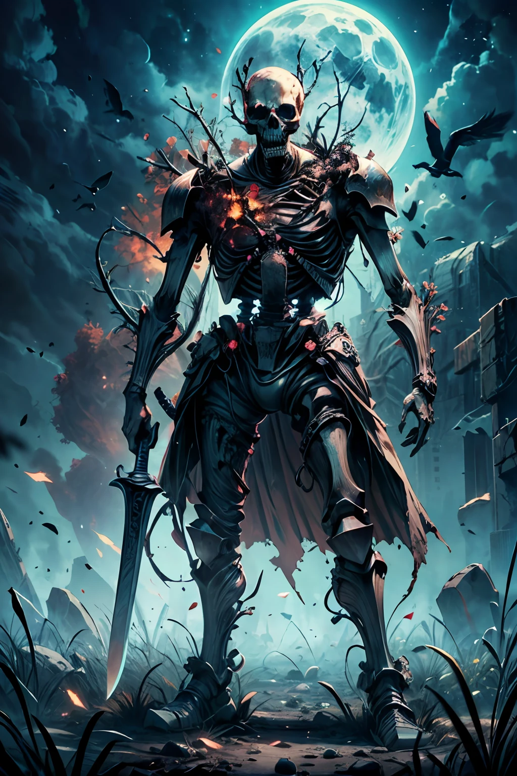 A skeleton knight rise from his grave, dragging with a rusted old long sword, detailed rusted old armor with some breaking parts, mythical glowing eyes, death aura, grave yard back ground, BREAK dark fantasy, horror, crows, distorted tree in the background, ashes and fog, night time, full moon, open skull, scary, looking extremely intimidated, rusted chain around his body, dirty, BREAK,Detailed,Realistic,4k highly detailed digital art,octane render, bioluminescent, BREAK 8K resolution concept art, realism,by Mappa studios,masterpiece,best quality,official art,illustration,ligne claire,(cool_color),perfect composition,absurdres, fantasy,focus