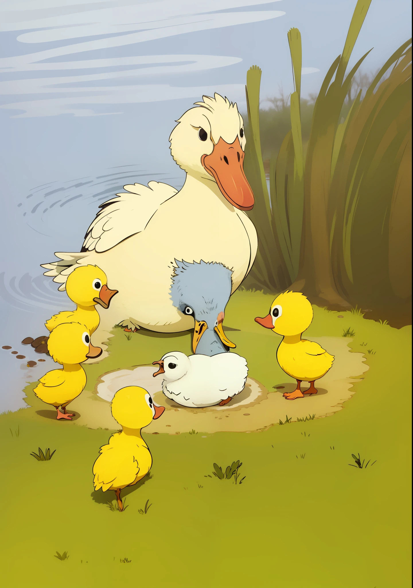 The ugly duckling was born, and Mom and the other ducklings were watching, and below was the duck nest, behind the pond, next to the reeds
