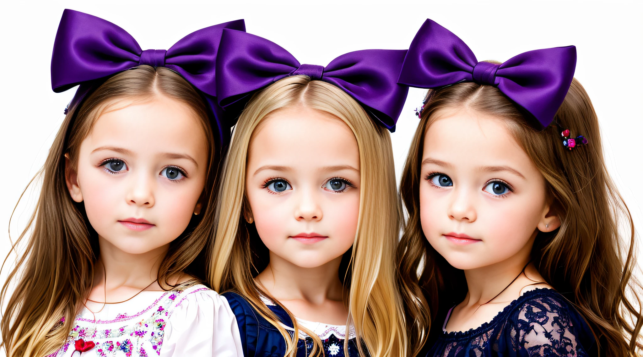 Russian style, girl children , photo studio white infinite background, close-up, bust, portrait , long blonde hair TRACES and giant bow PURPLE on head
