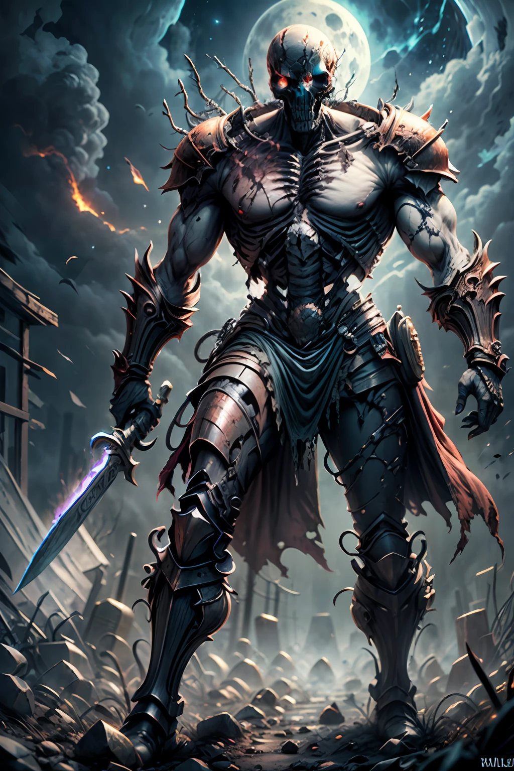 A skeleton knight rise from his grave, dragging with a rusted old long sword, detailed rusted old armor with some breaking parts, mythical glowing eyes, death aura, grave yard back ground, BREAK dark fantasy, horror, crows, distorted tree in the background, ashes and fog, night time, full moon, open skull, scary, looking extremely intimidated, rusted chain around his body, dirty, BREAK,Detailed,Realistic,4k highly detailed digital art,octane render, bioluminescent, BREAK 8K resolution concept art, realism,by Mappa studios,masterpiece,best quality,official art,illustration,ligne claire,(cool_color),perfect composition,absurdres, fantasy,focus