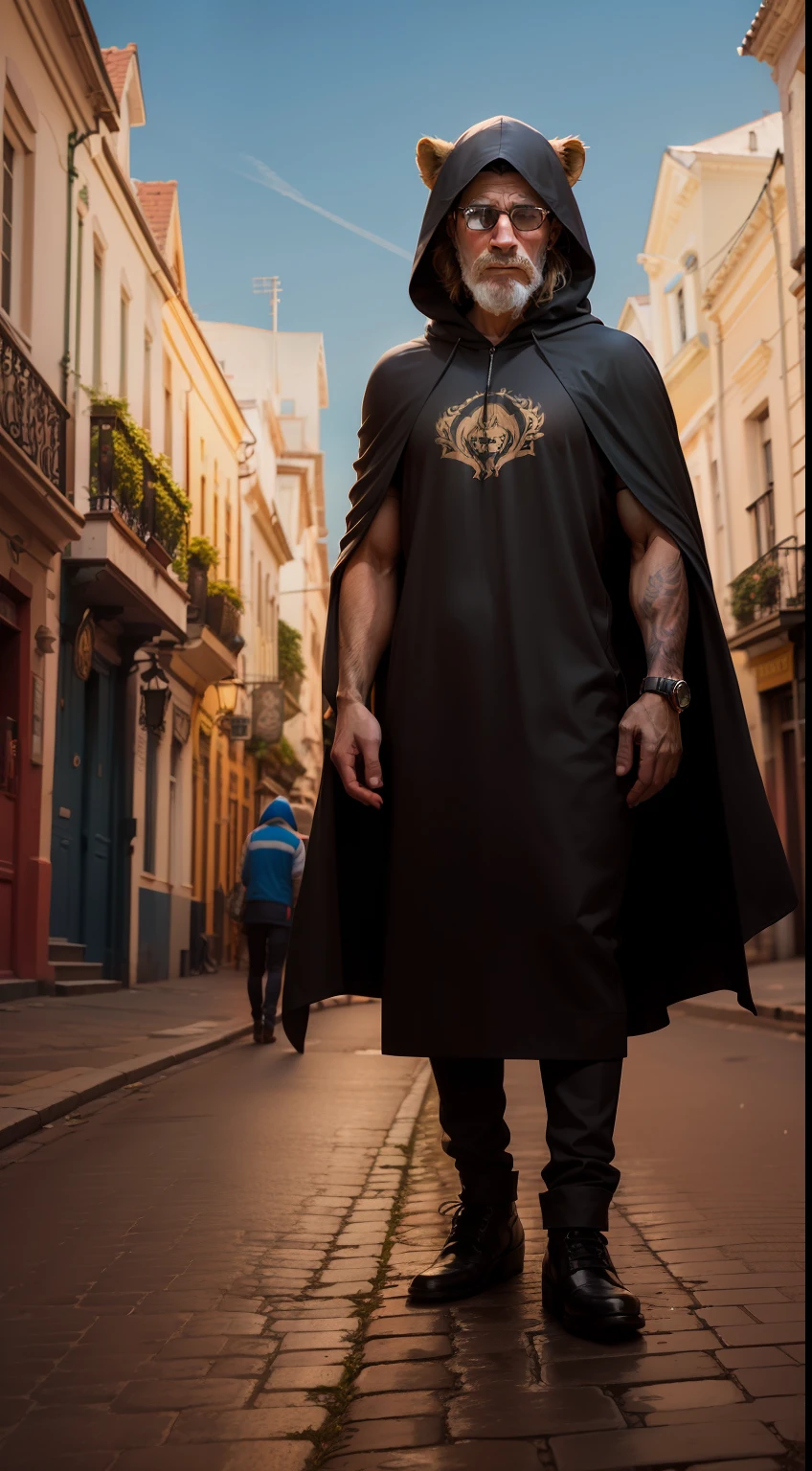 Full body human with black hooded cape with lion face visible looking at lion camera. standing in the middle of the street, old town streets behind it, Dutch colonial town, old reef streets, lion, winding cobblestone baroque streets, Milton Menasco, Luis Molinari, Recife Center. --auto