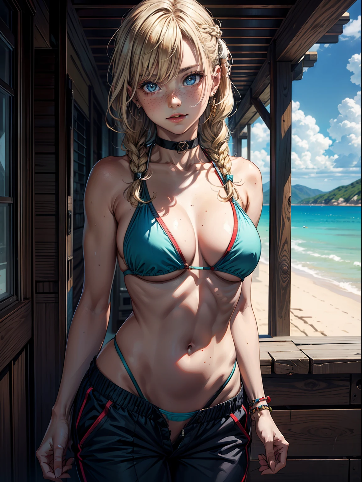 (masterpiece, best quality), 1girl, (abs:0.75), upper body, looking at viewer, smirk, bikini top, ((pubis, groin, crotch)), braid, (((pants pull))), freckles, choker, blonde, wide hips,