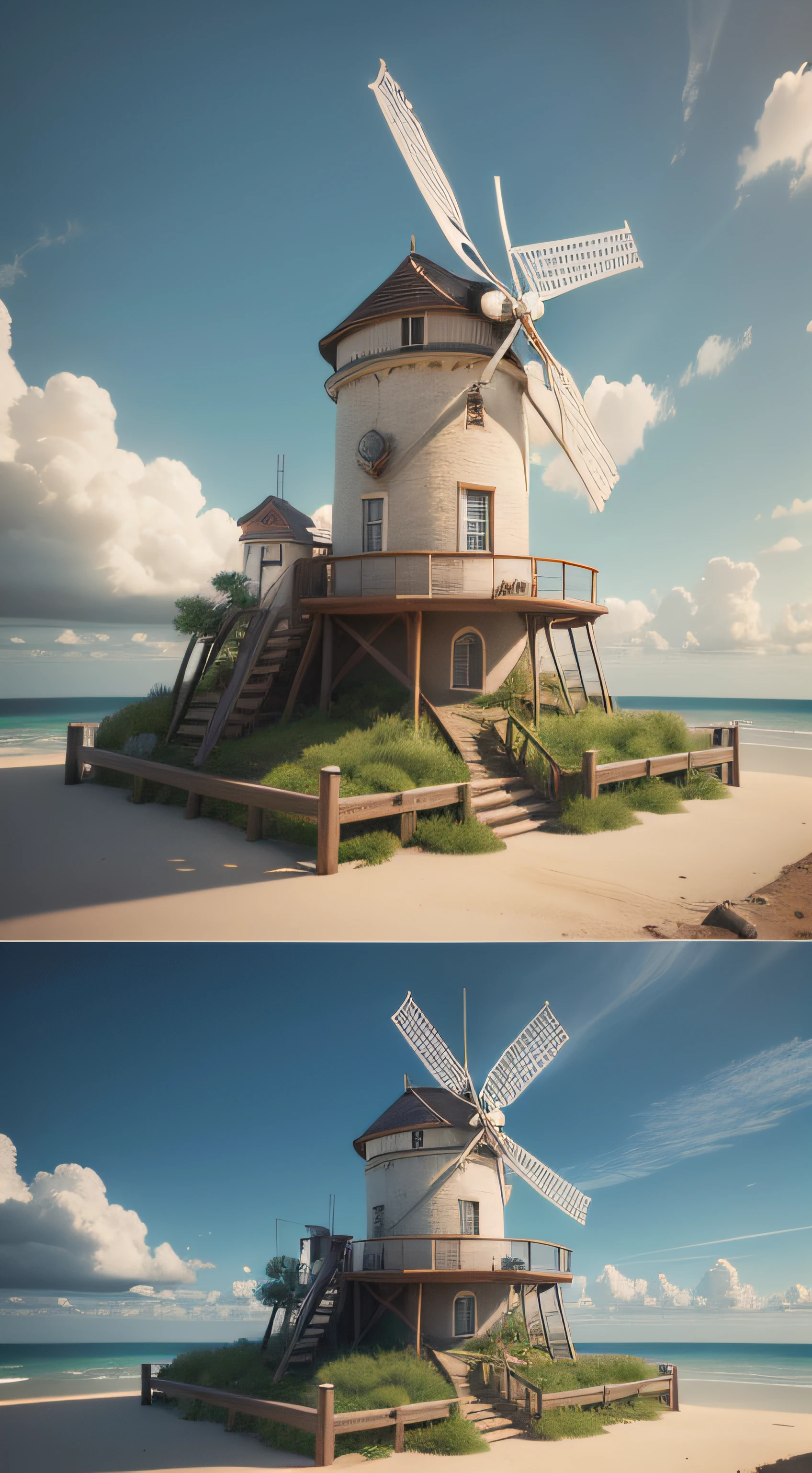 there is a windmill on a small island on the beach, windmill, rendered 3 d stylized, very high detailed, incredibly high detailed, stylized as a 3d render, realistic fantasy render, very high detailed, stylized render 3d, giant imposing steampunk tower, by Adam Marczyński, lighthouse, old cgi 3d rendered bryce 3d, (original: 1.2), (realistic:  1.4), 16k